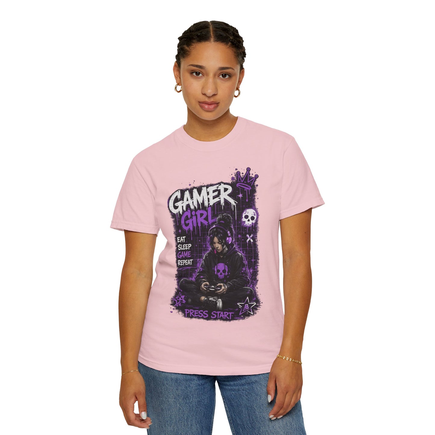 Gamer Girl T-Shirt — Retro Purple Gaming Graphic Tee ("Eat Sleep Game Repeat")