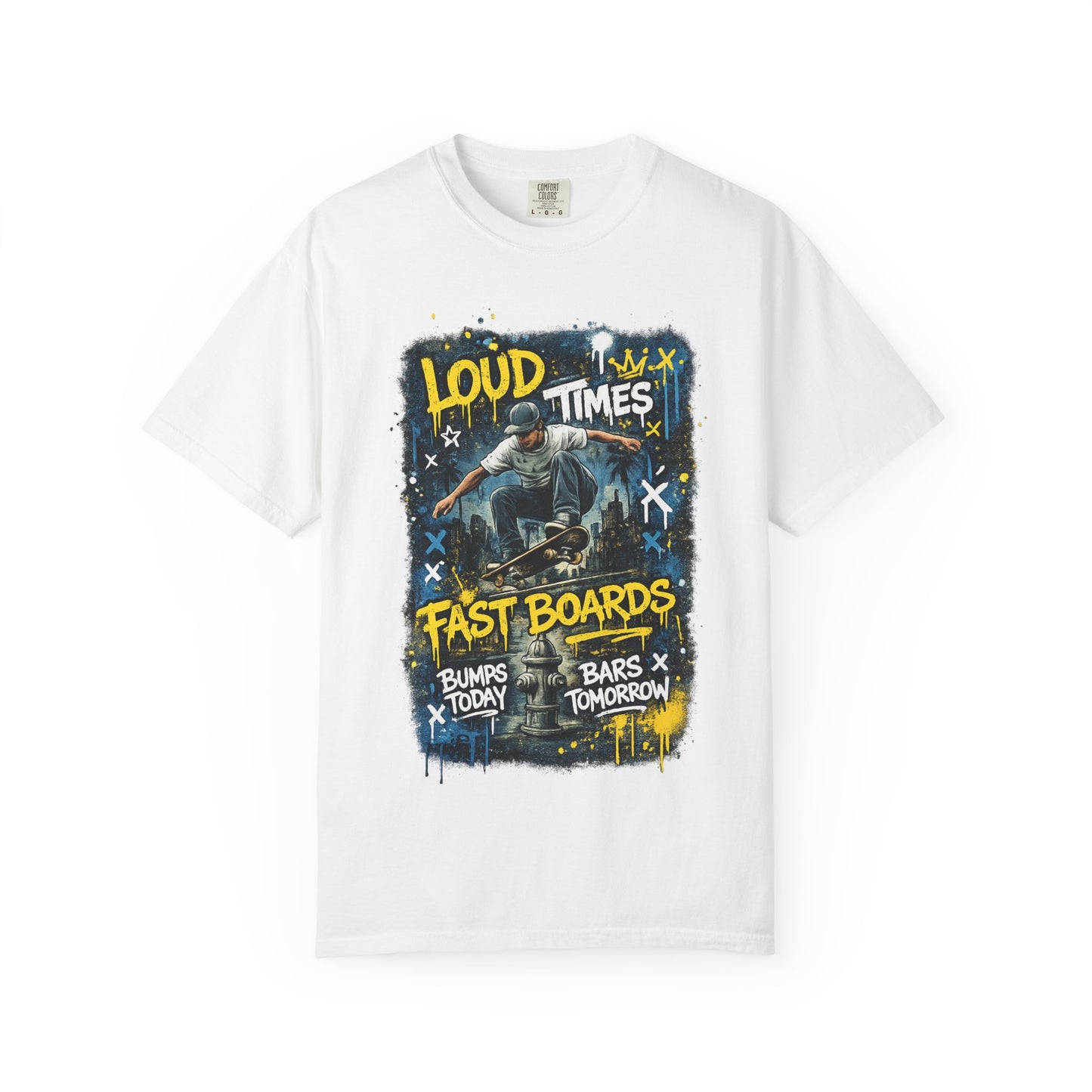 Skateboard Graphic T-Shirt — "Loud Times, Fast Boards" Vintage Skate Tee