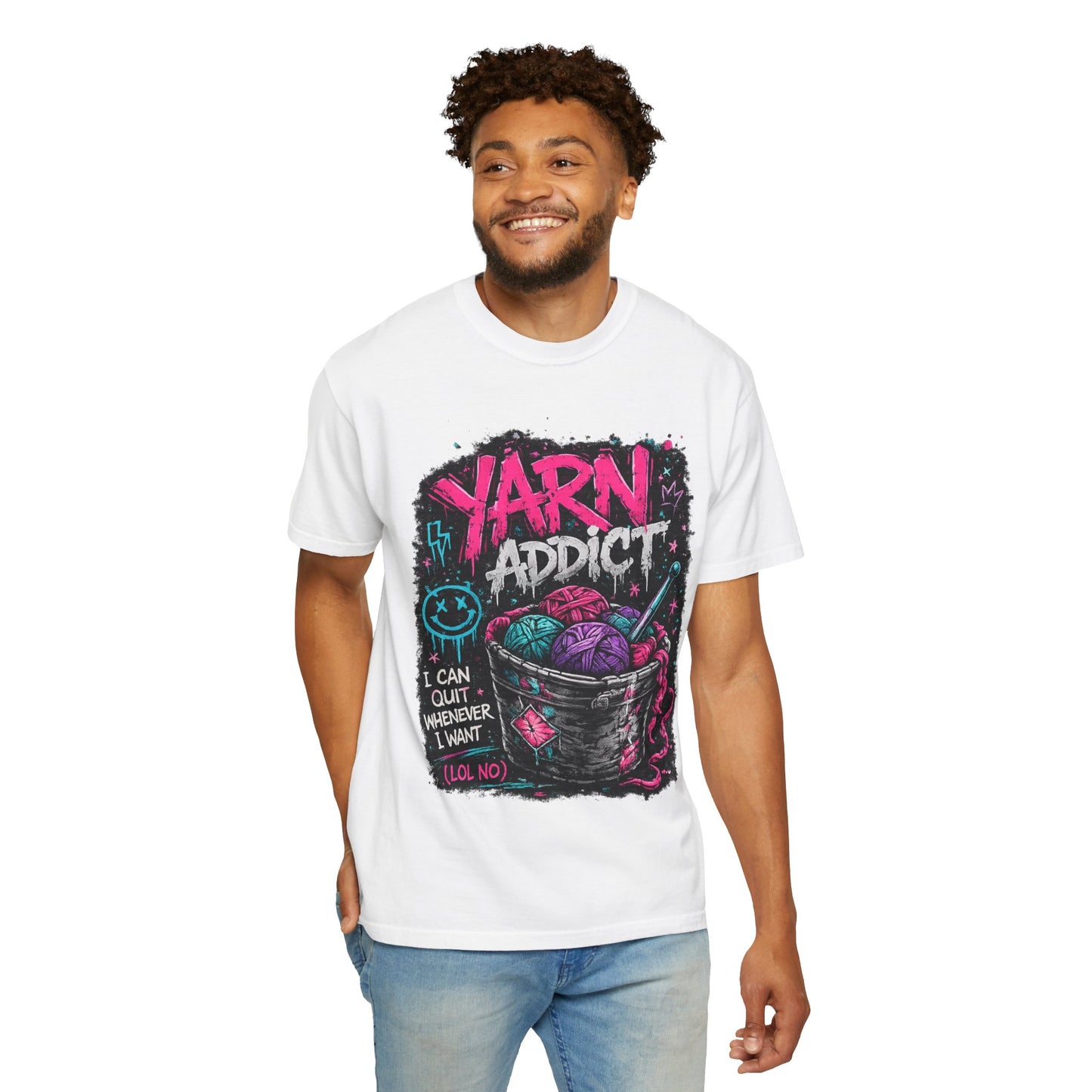 Yarn Addict T-Shirt — Funny Knitting/Crochet Graphic Tee ("I Can Quit Whenever I Want")