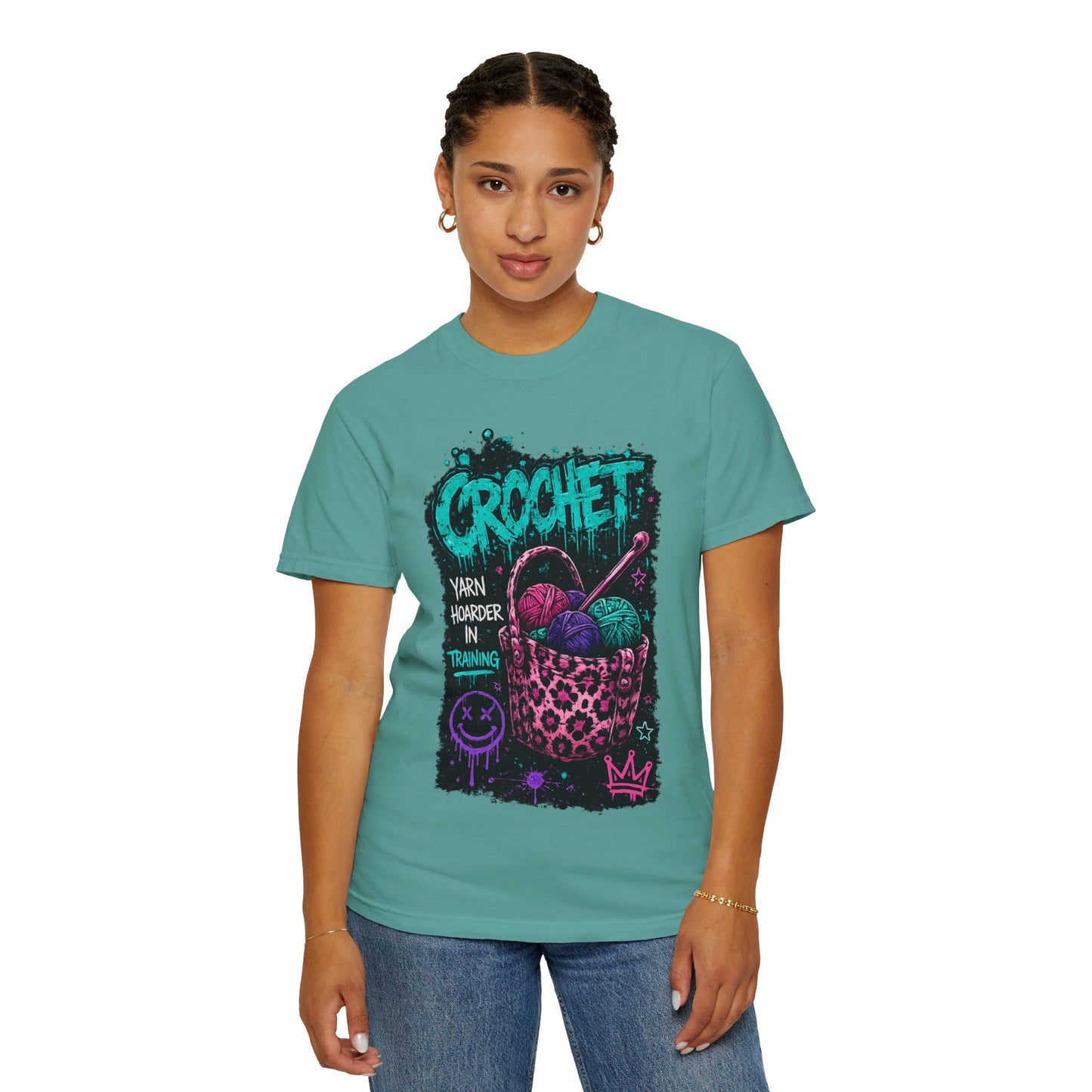 Crochet Crewneck T‑Shirt — "Yarn Harder in Training" Graphic
