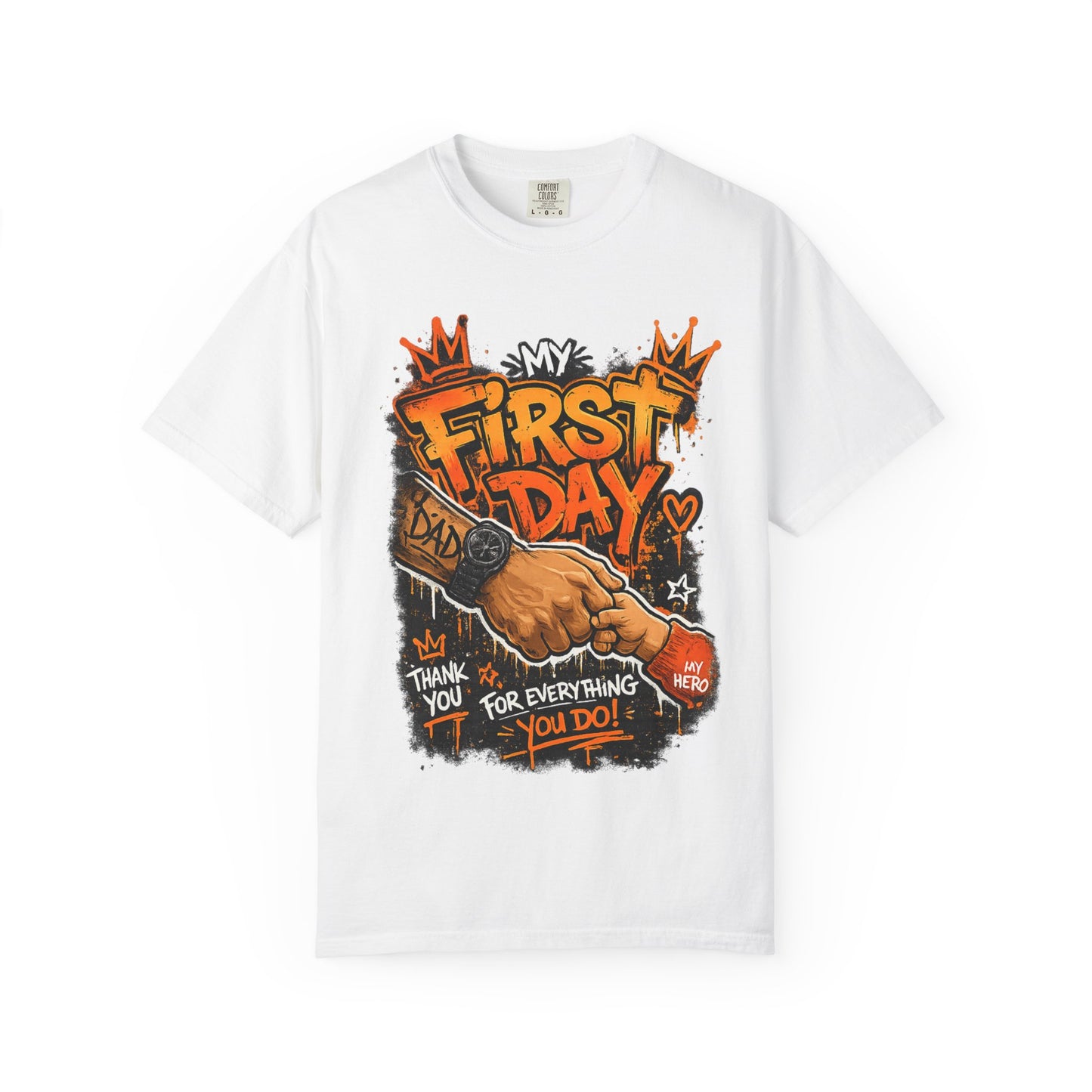 My First Day graphic T-shirt | Thank You Dad, hand shake illustration