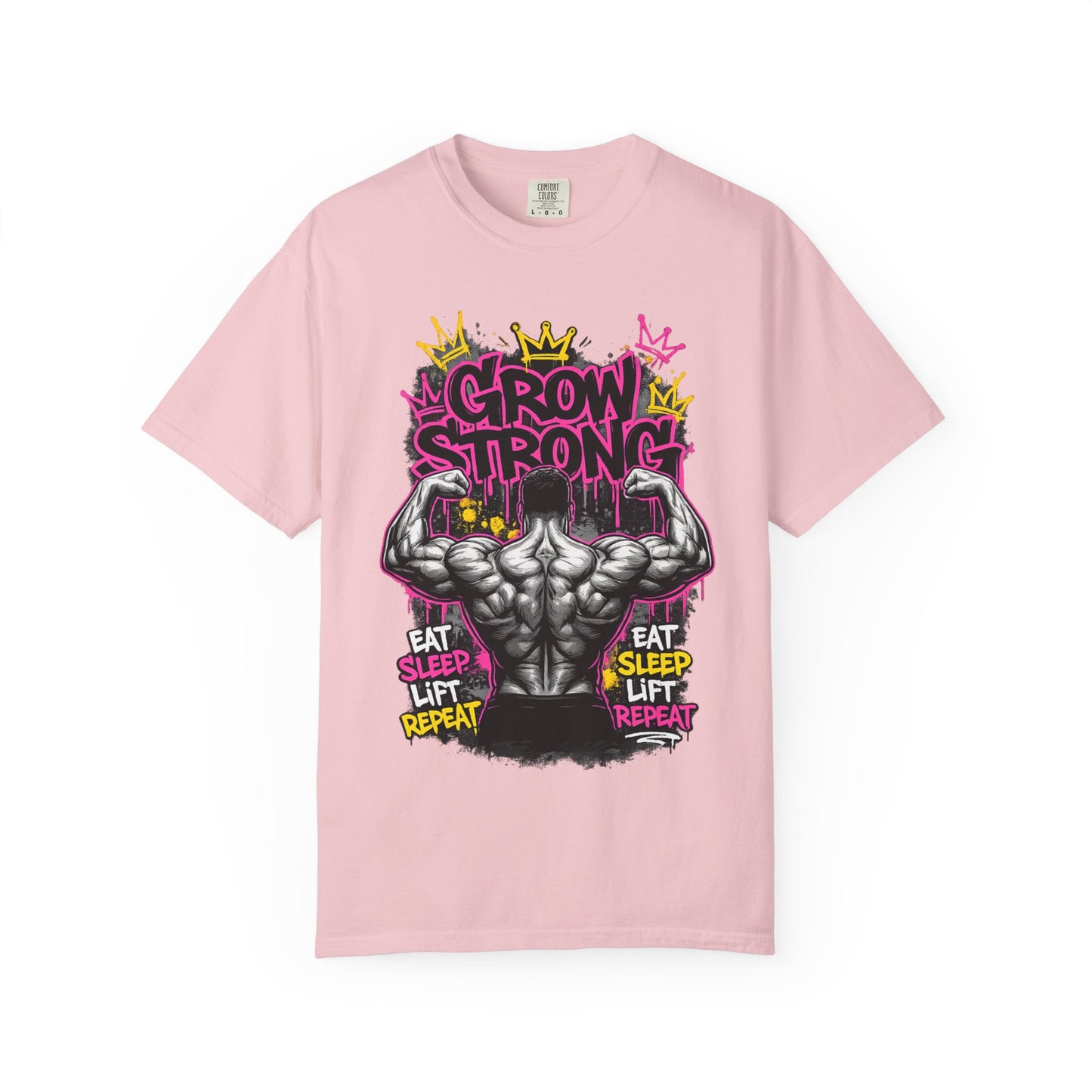 Grow Strong muscular back illustration T-shirt | Eat Sleep Lift Repeat gym tee