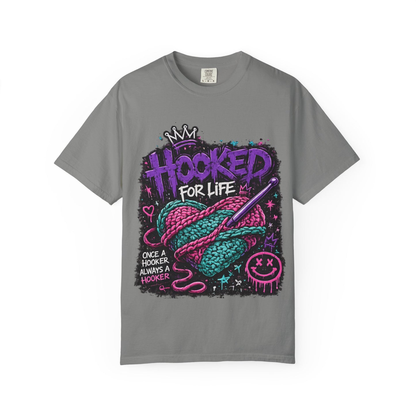Hooked For Life Knitting T-Shirt — "Hooked for Life" Yarn & Crochet Graphic Tee