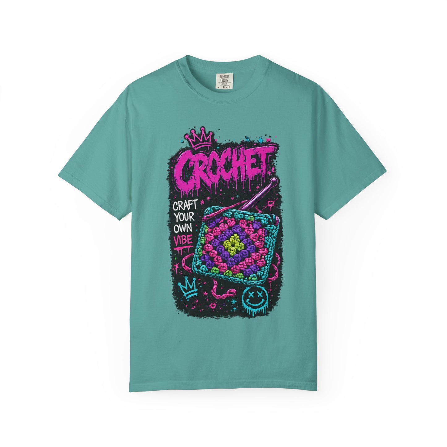 Crochet Vibes Graphic T-Shirt — "Craft Your Own Vibe" Retro Neon Crochet Design