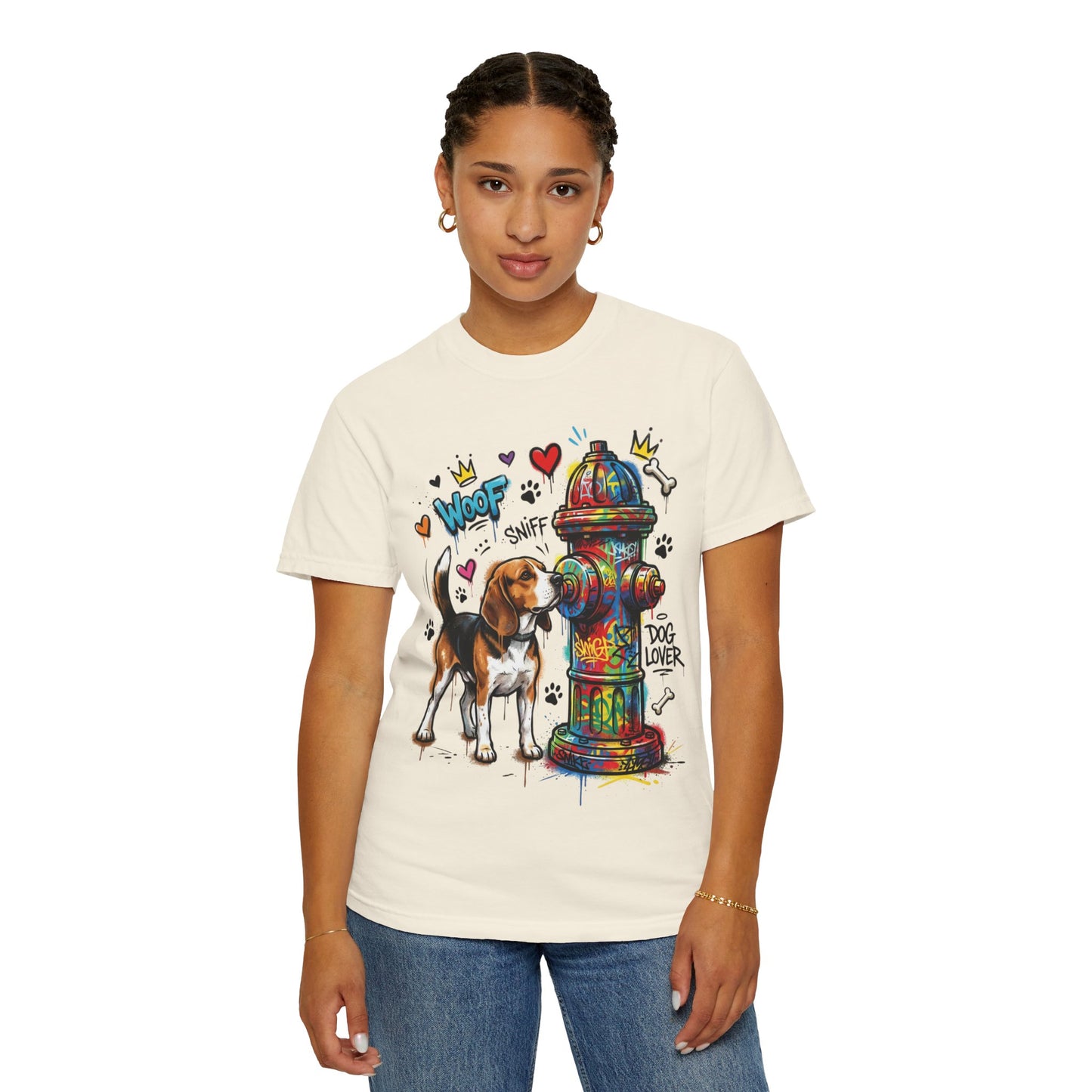 Beagle Dog Lover T-Shirt — Colorful Hydrant & 'Woof Sniff' Graphic