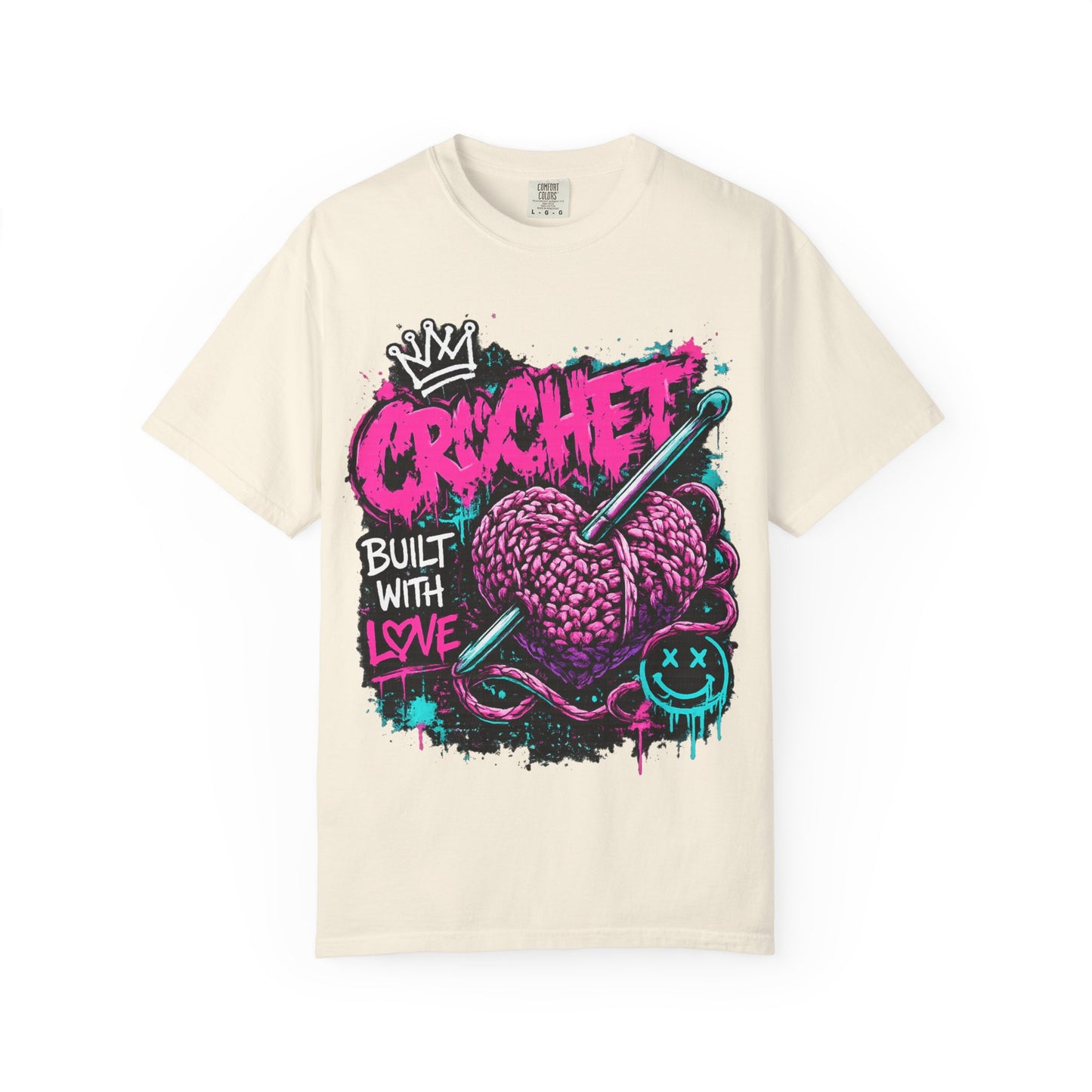 Crochet Built With Love T-Shirt — Retro Graffiti Heart Crochet Tee