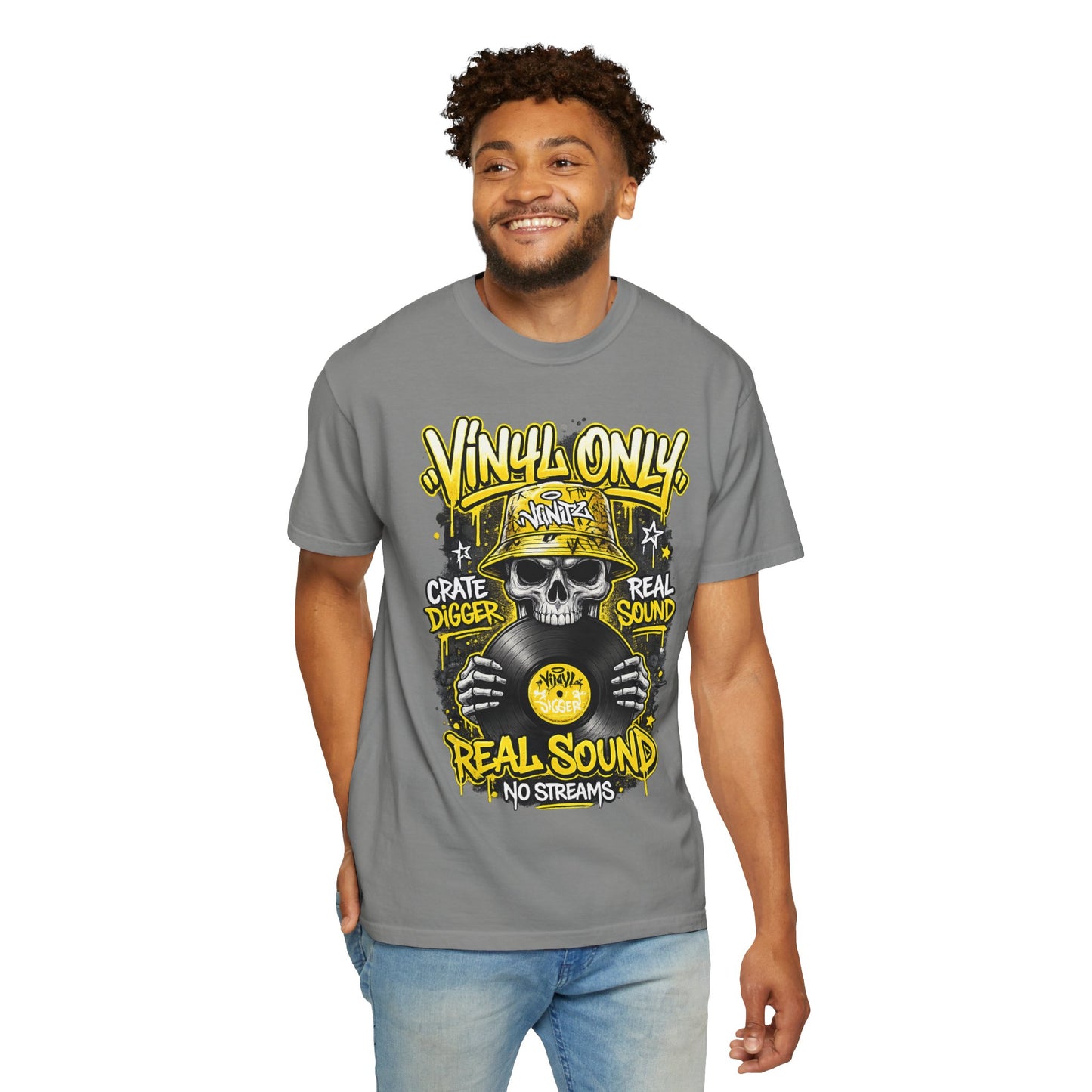 Vinyl Only Skull T-Shirt – "Real Sound, No Streams" Retro DJ Tee