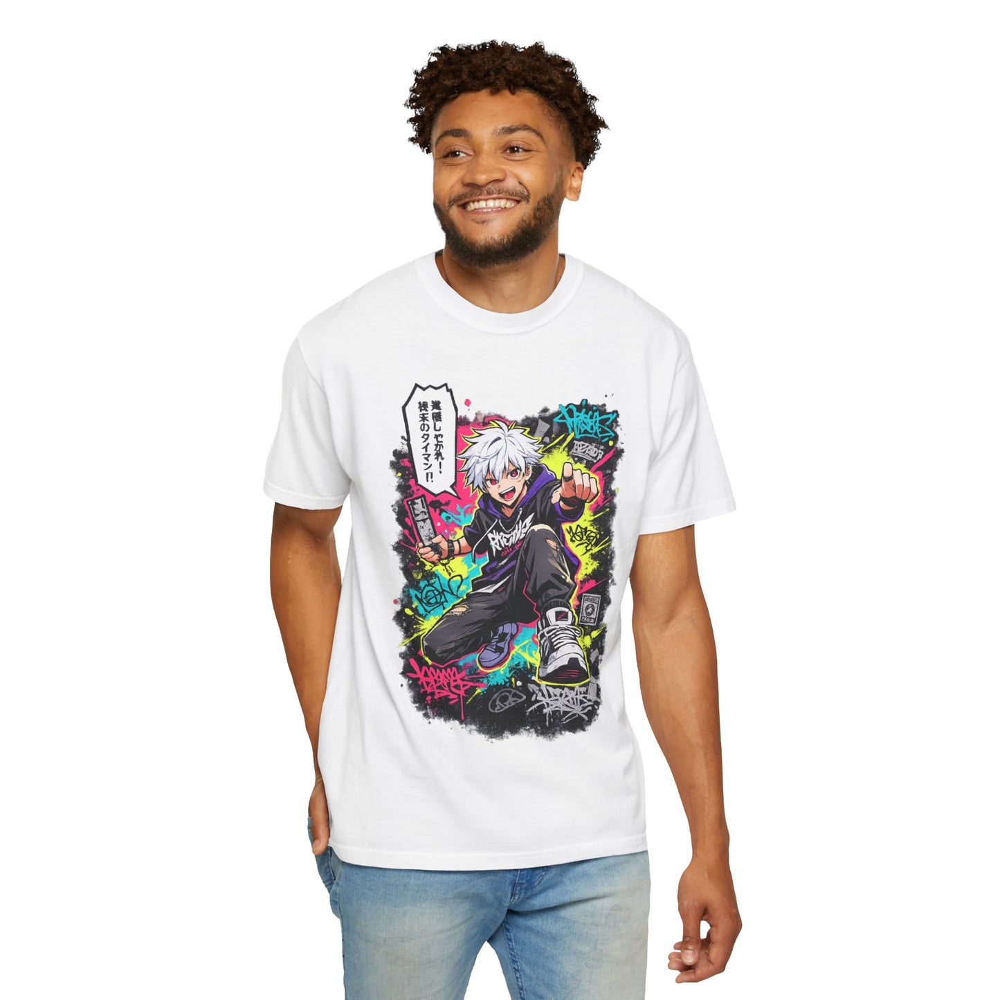 Anime Streetwear T-Shirt — Neon Urban Character Design with Japanese Text