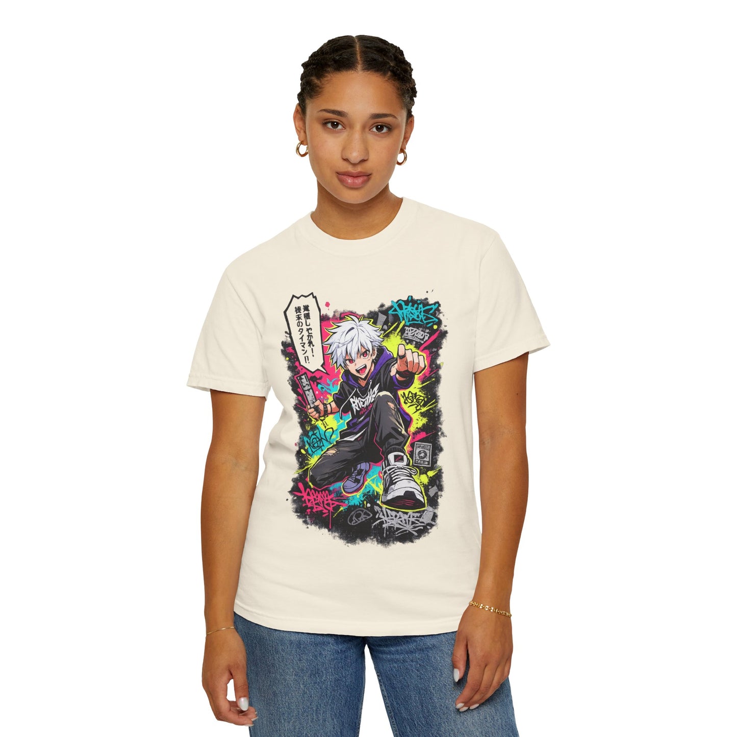 Anime Streetwear T-Shirt — Neon Urban Character Design with Japanese Text