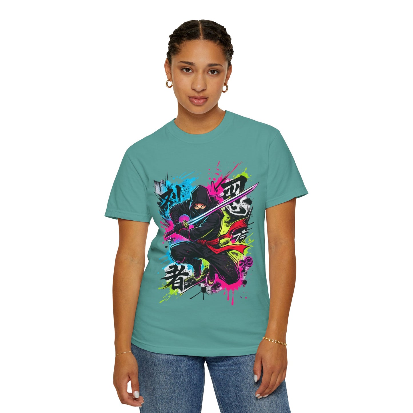 Neon Ninja Samurai T-Shirt — Vibrant Graffiti Sword Art