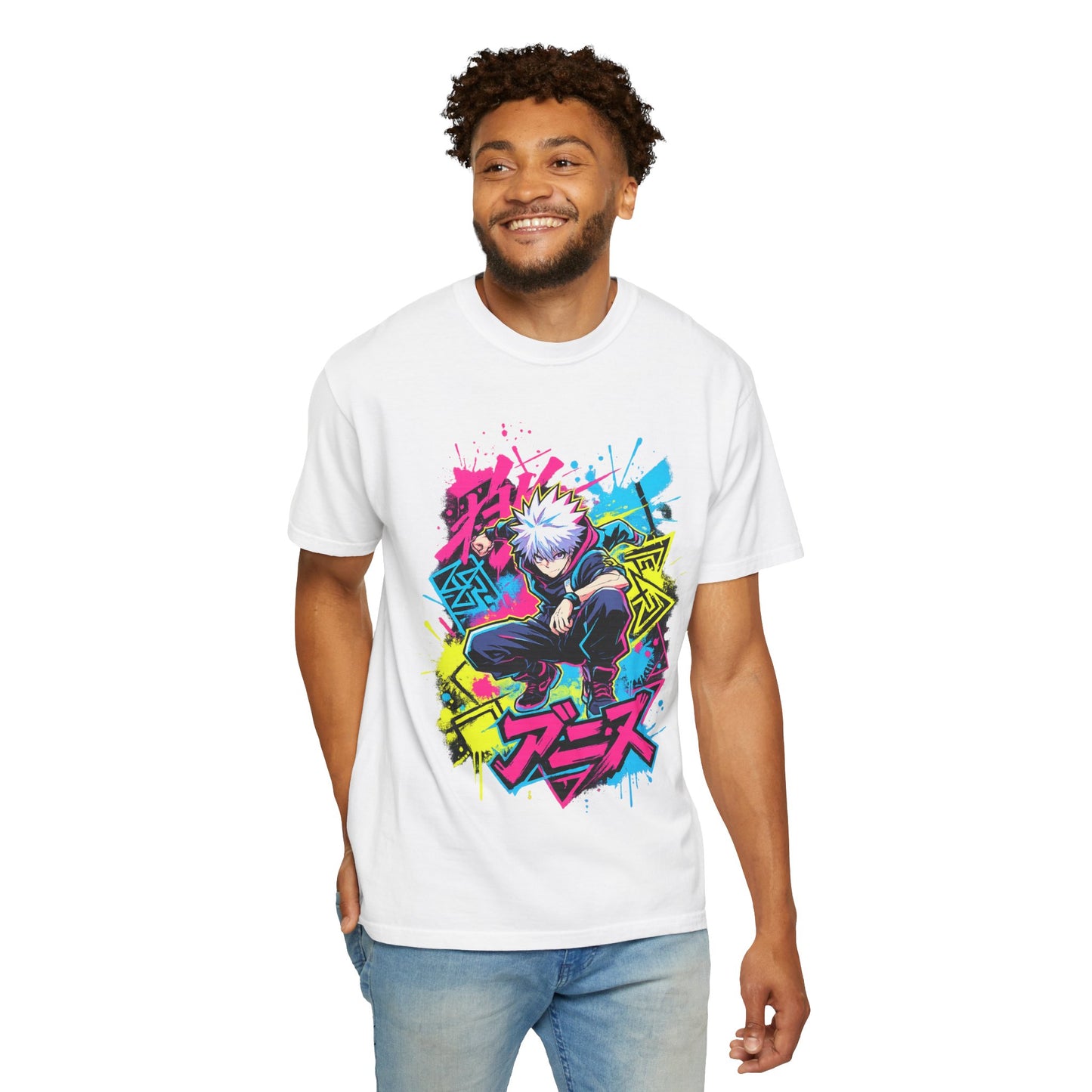 Anime Graphic T-Shirt — Vibrant Neon Jujutsu Kaisen Style Design