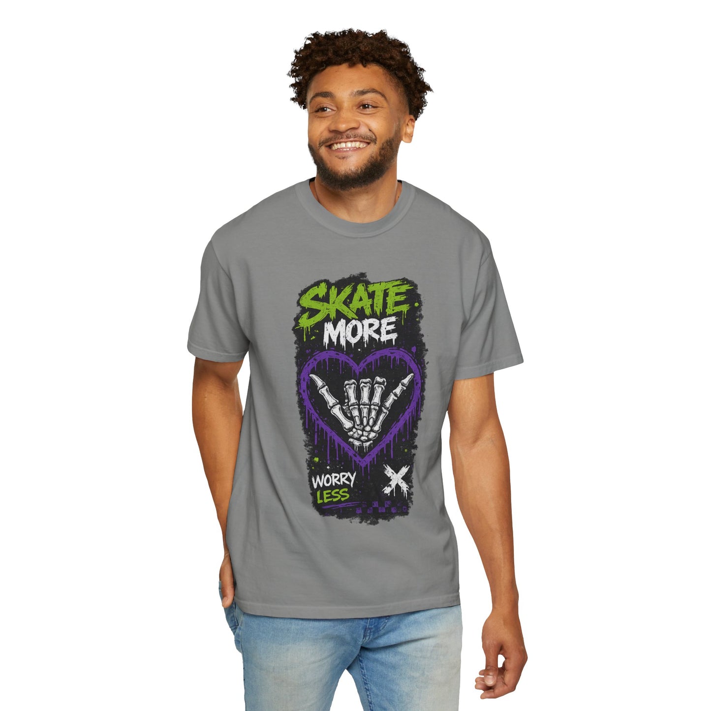 Skate More Worry Less T-Shirt — Skateboard Skeleton Hand Graphic Tee