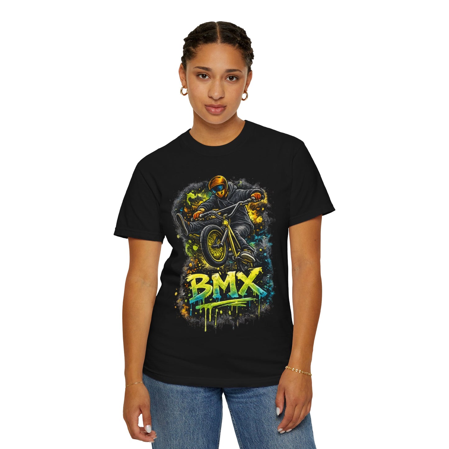 BMX Rider Graphic T-Shirt — Neon Stunt Bike Tee