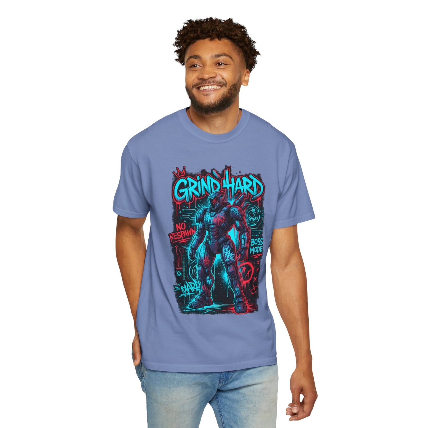Grind Hard Gamer Warrior T-shirt | Neon Retro Gym Graphic