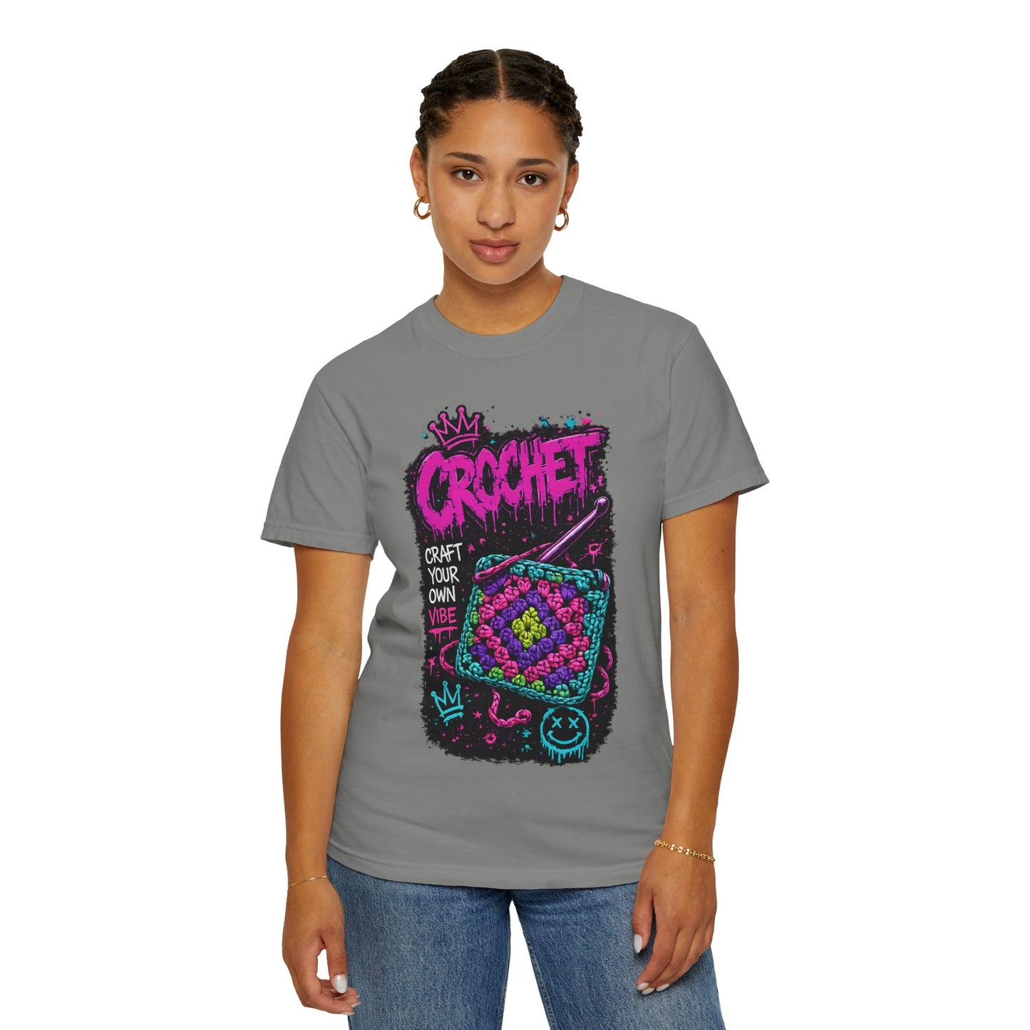 Crochet Vibes Graphic T-Shirt — "Craft Your Own Vibe" Retro Neon Crochet Design