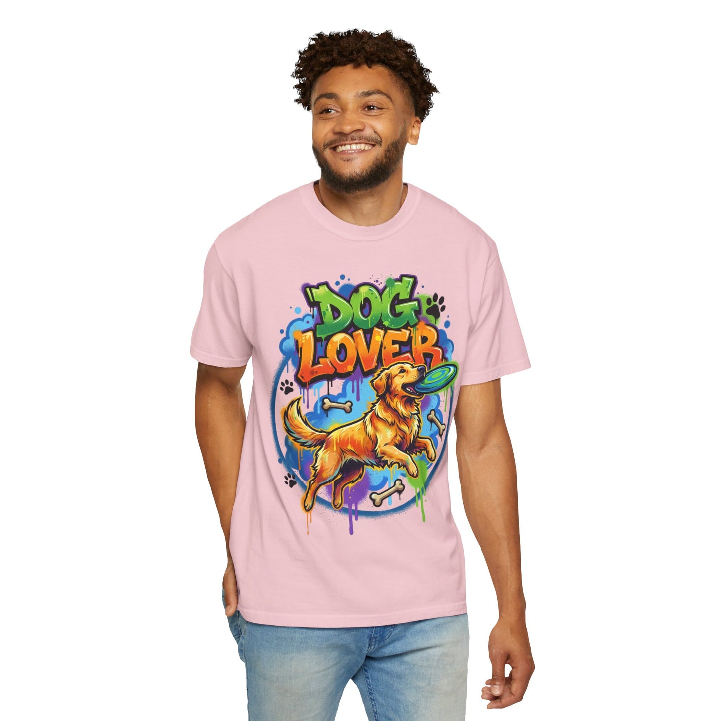 Dog Lover T-Shirt — Colorful Golden Retriever Frisbee Graphic Tee