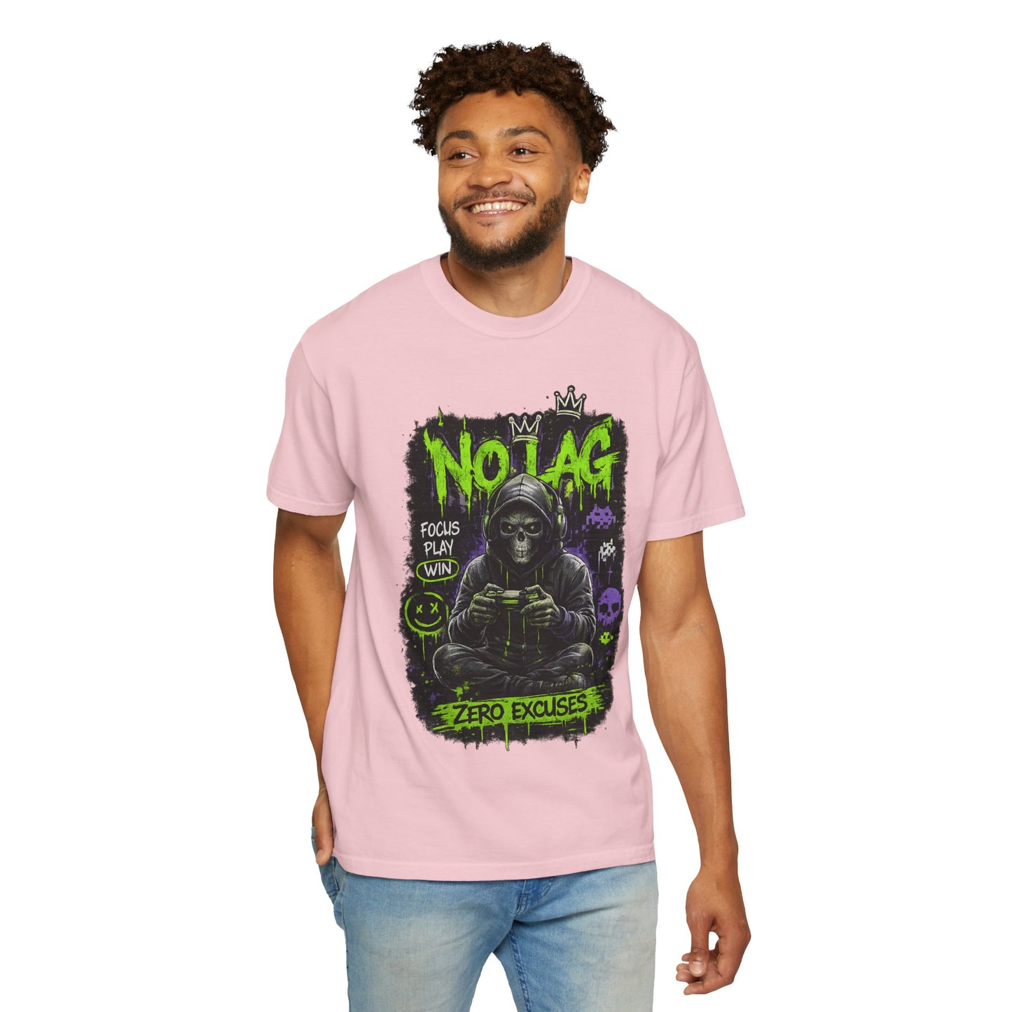 No Lag Gamer T-Shirt — “Zero Excuses” Neon Skull Gaming Tee