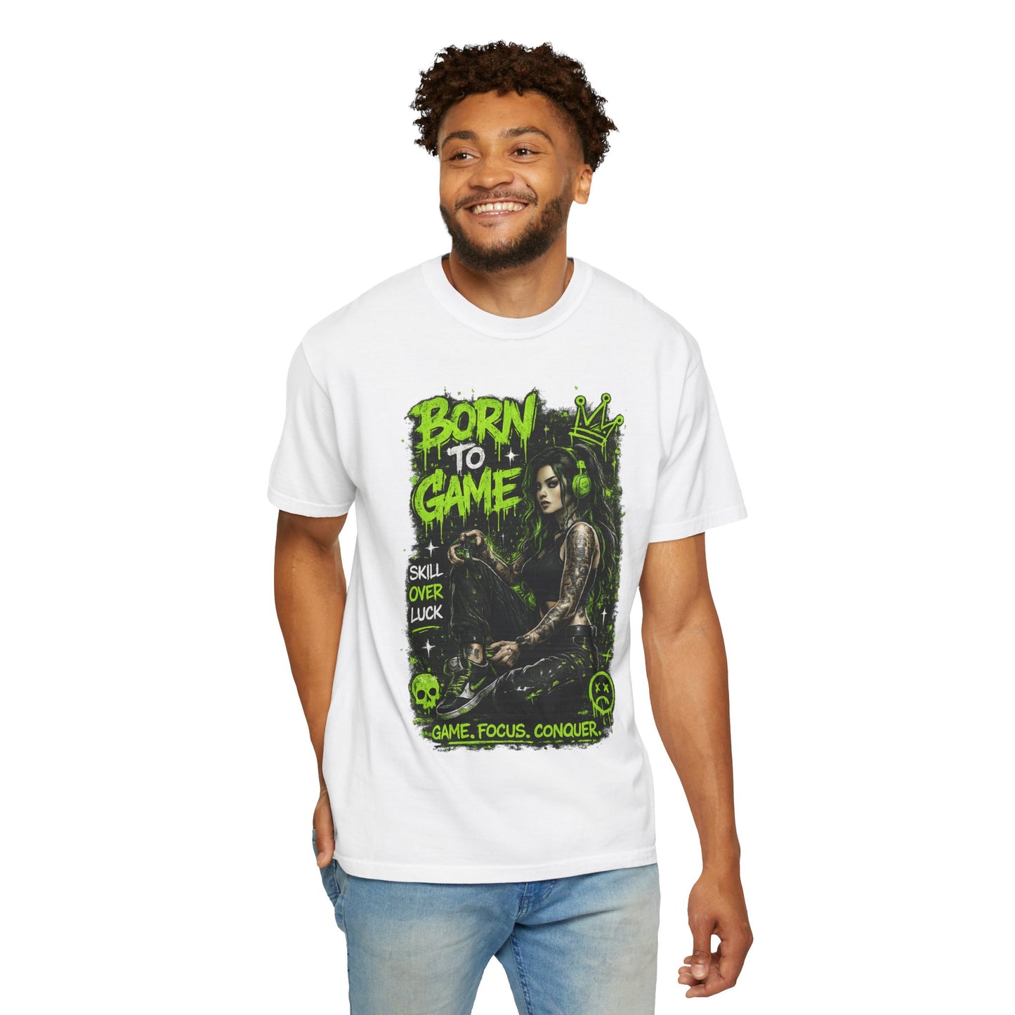 Born to Game Graphic T-Shirt — Gamer Skull & Neon Green Design