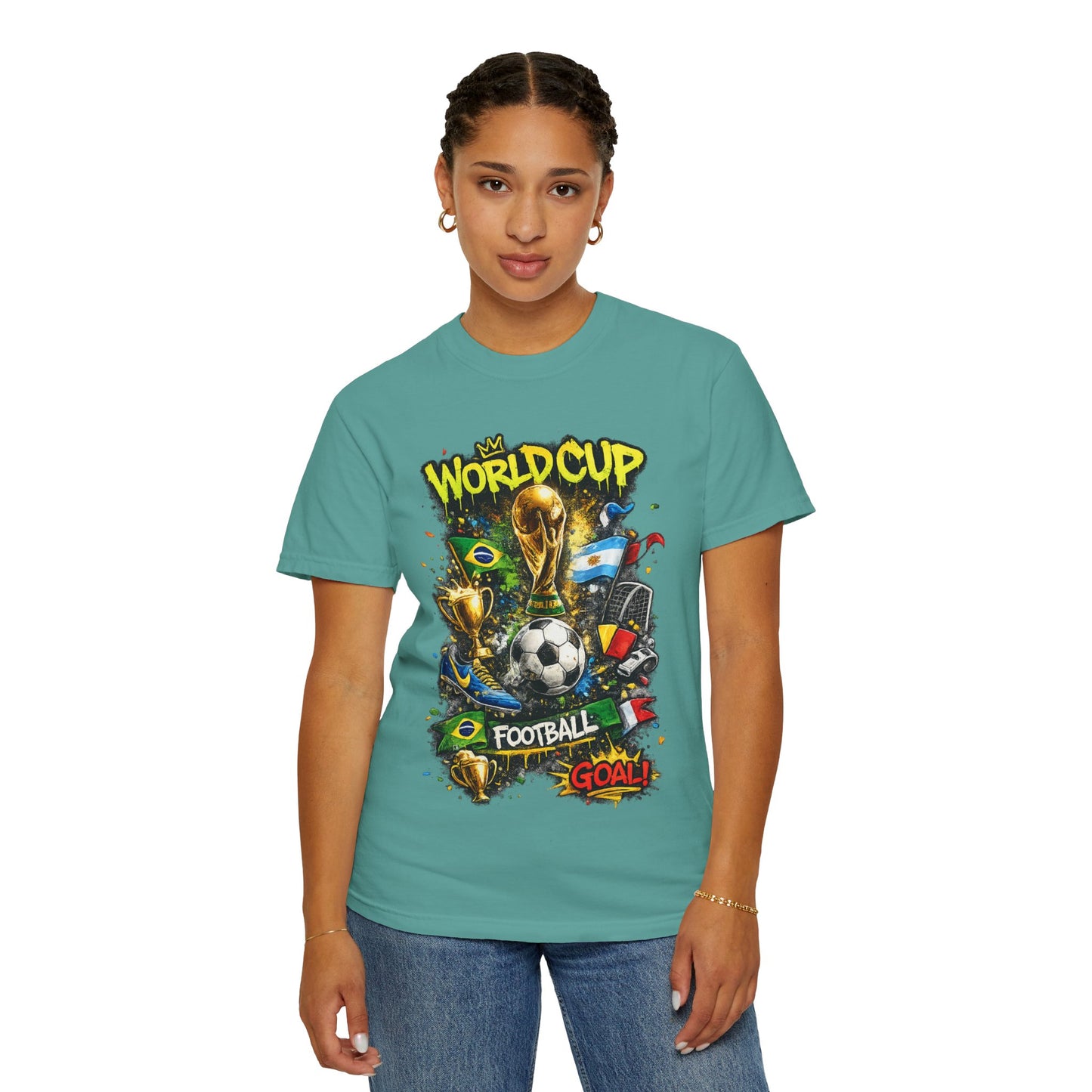 World Cup Football Graphic T-shirt | Soccer Trophy, Flags, Goal