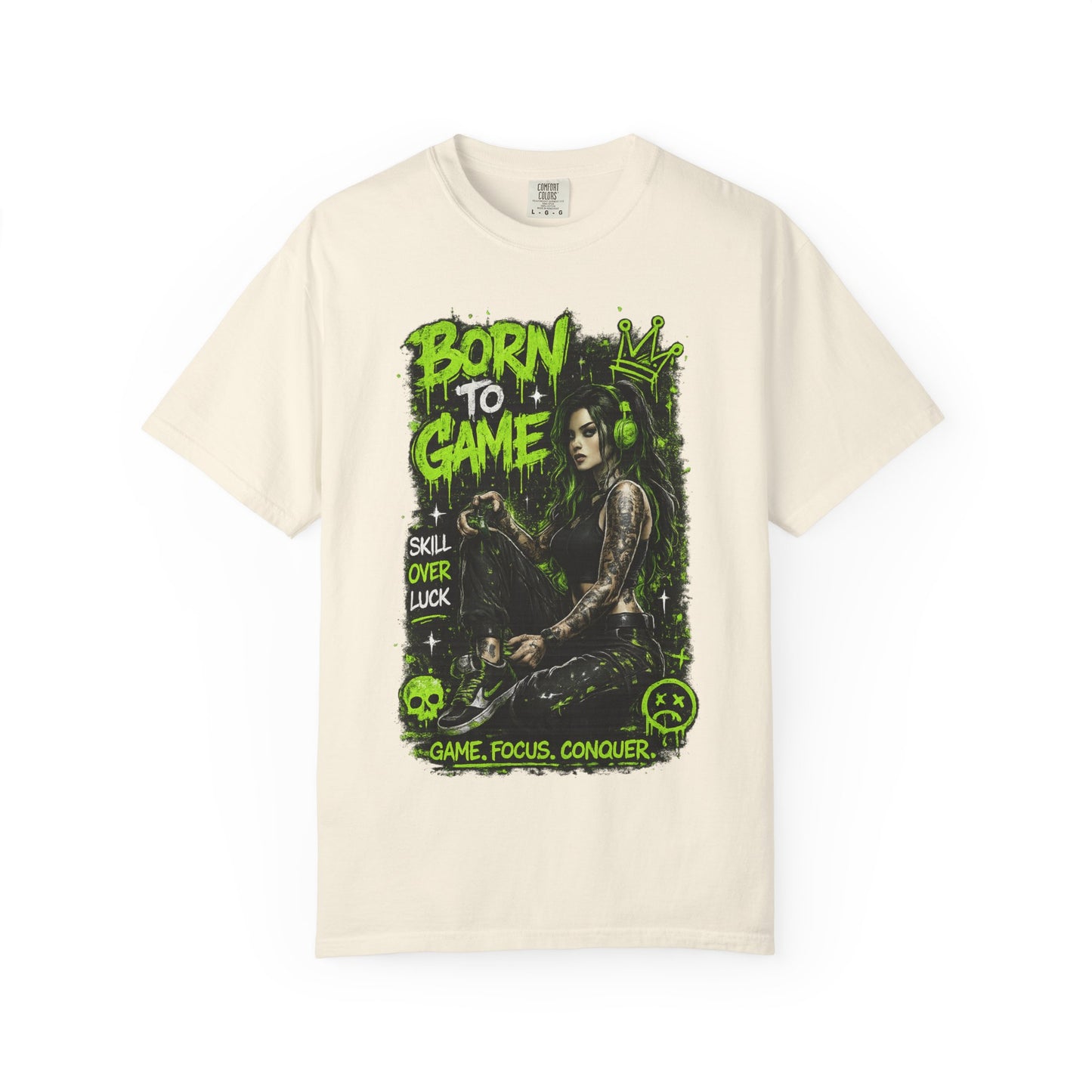 Born to Game Graphic T-Shirt — Gamer Skull & Neon Green Design