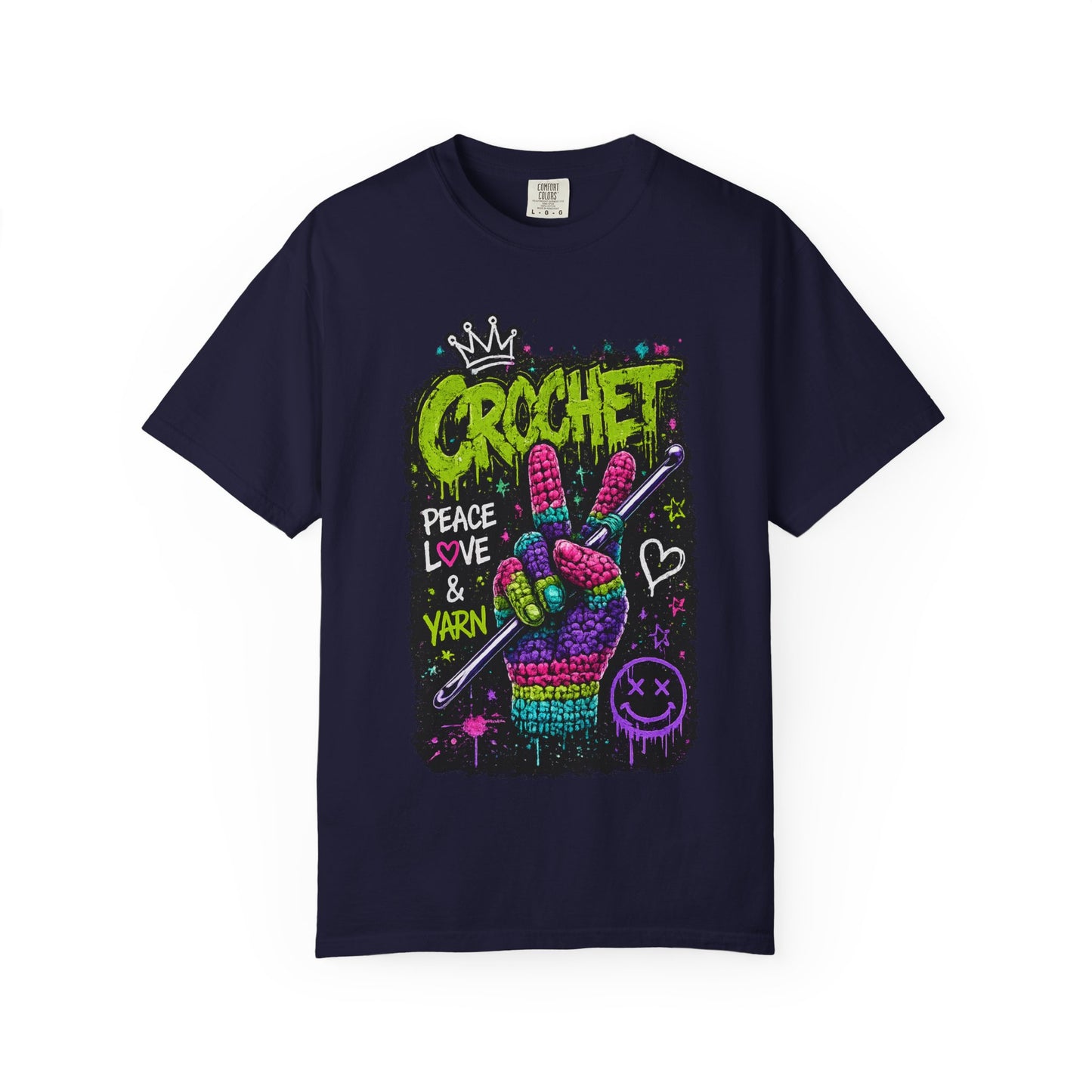 Crochet Peace Sign T-Shirt — "Crochet: Peace, Love & Yarn" Graphic Tee