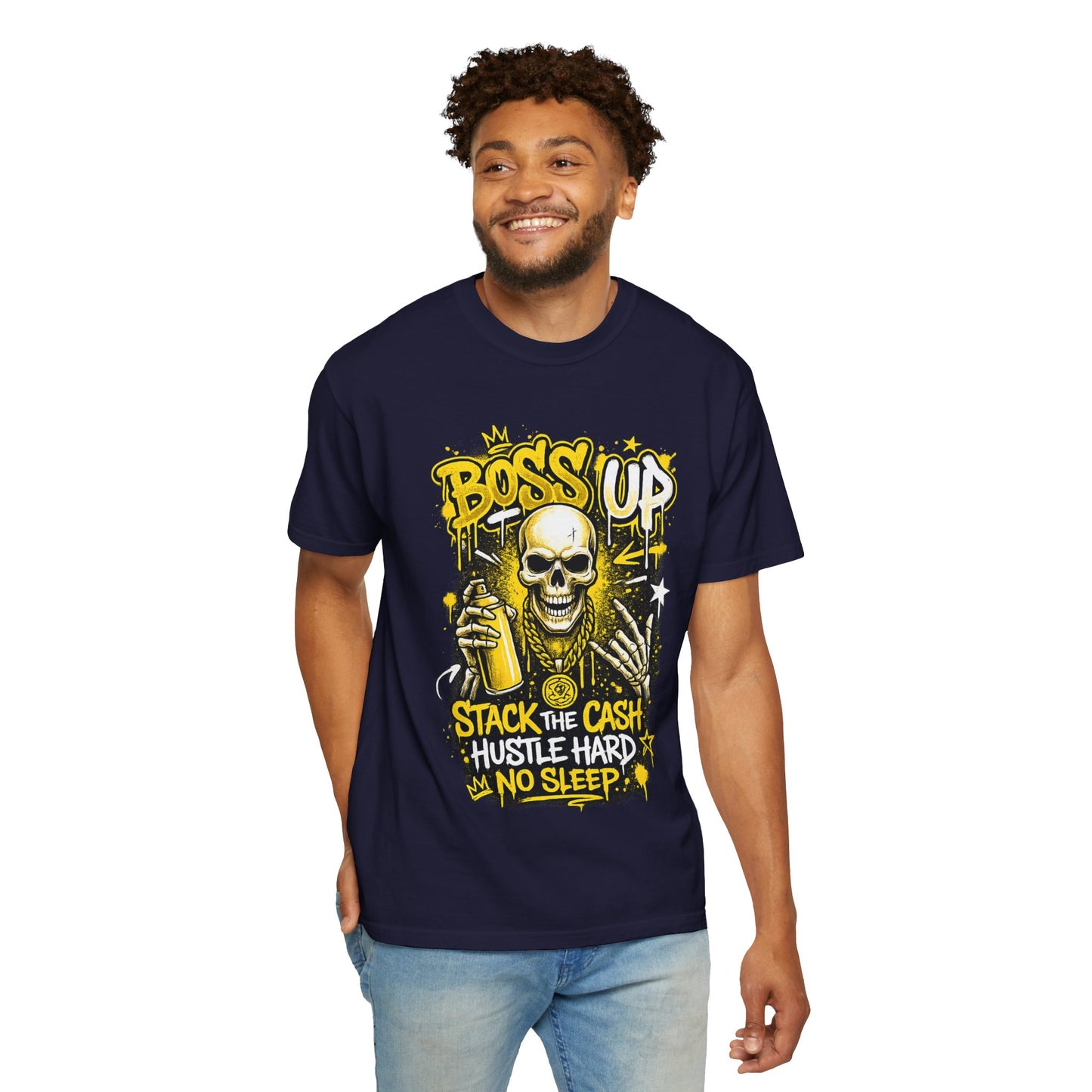 Boss Up Skull Hustle T-Shirt — "Stack the Cash, Hustle Hard, No Sleep" Graphic Tee