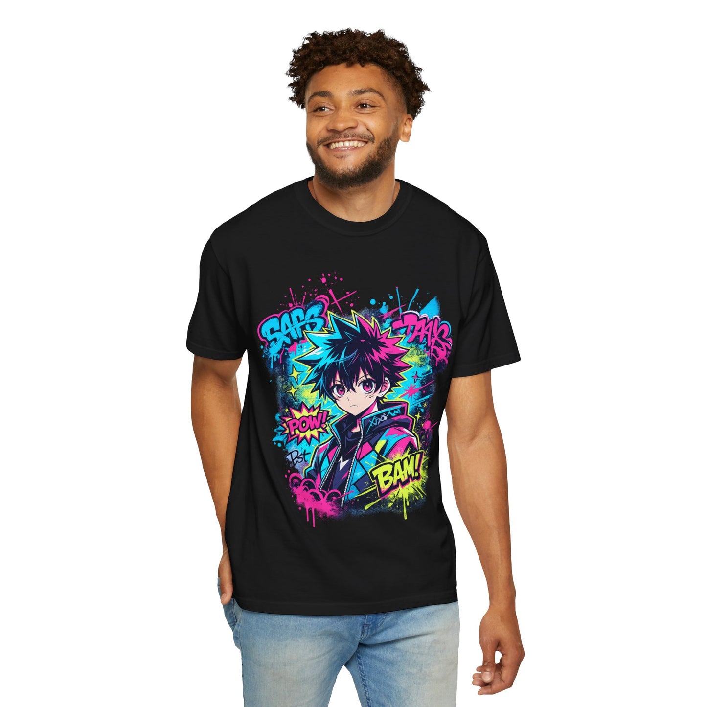 Anime Comic Boy Graphic T-Shirt — Neon Manga "BAM!" Design