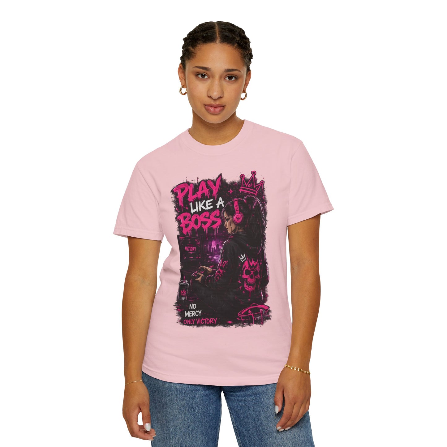 Play Like a Boss T-Shirt — Gamer Crown Graphic Tee ("No Mercy, Only Victory")