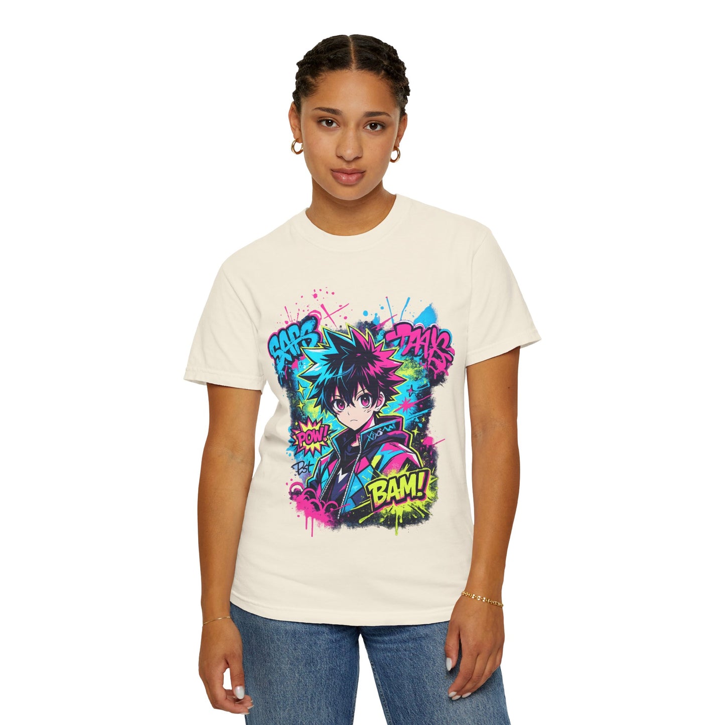 Anime Comic Boy Graphic T-Shirt — Neon Manga "BAM!" Design