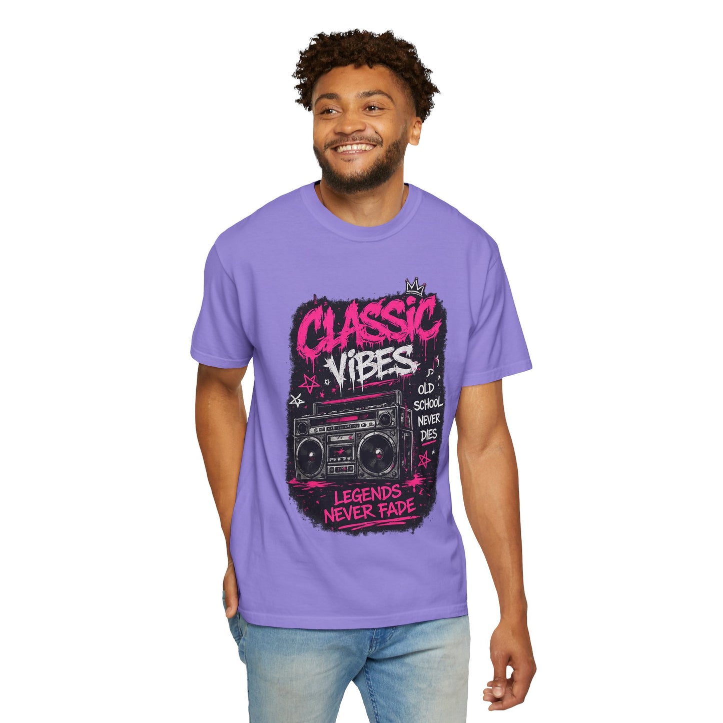 Classic Vibes T-Shirt — 'Legends Never Fade' Retro Boombox Graphic