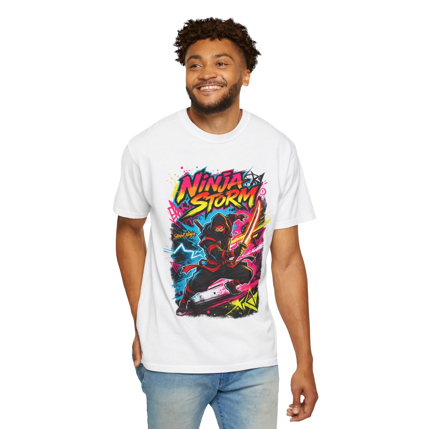 Ninja Storm Graphic T-Shirt — Neon Samurai Surf Design