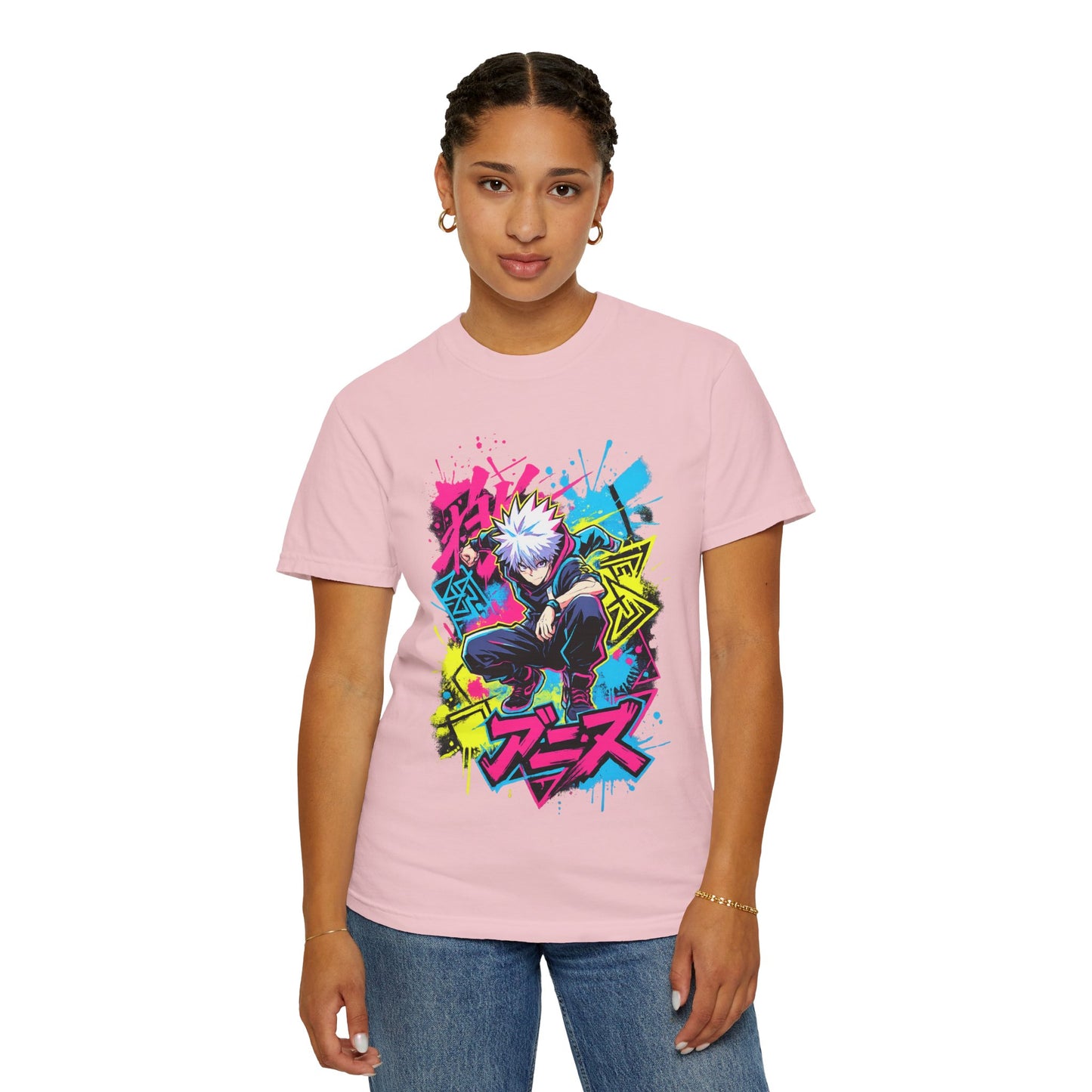Anime Graphic T-Shirt — Vibrant Neon Jujutsu Kaisen Style Design