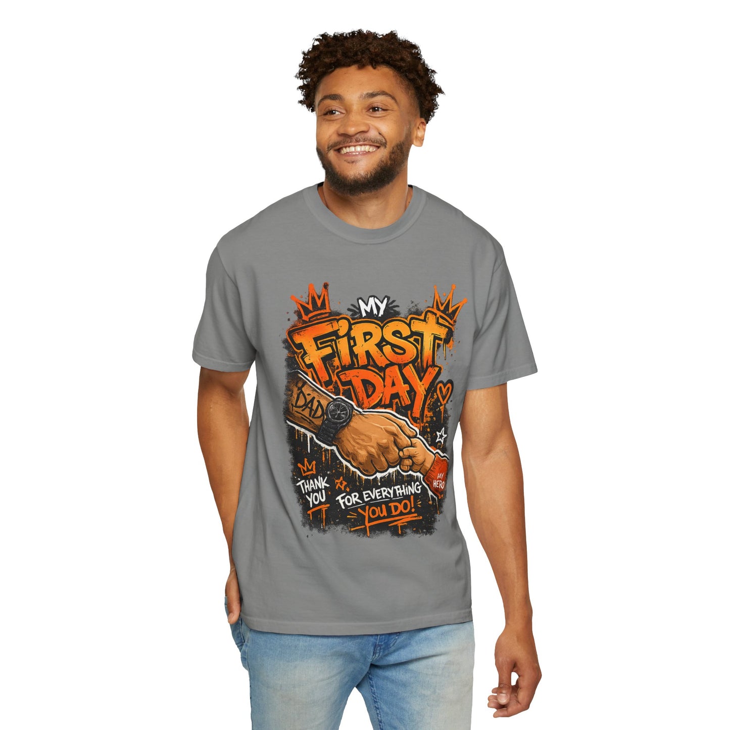 My First Day graphic T-shirt | Thank You Dad, hand shake illustration