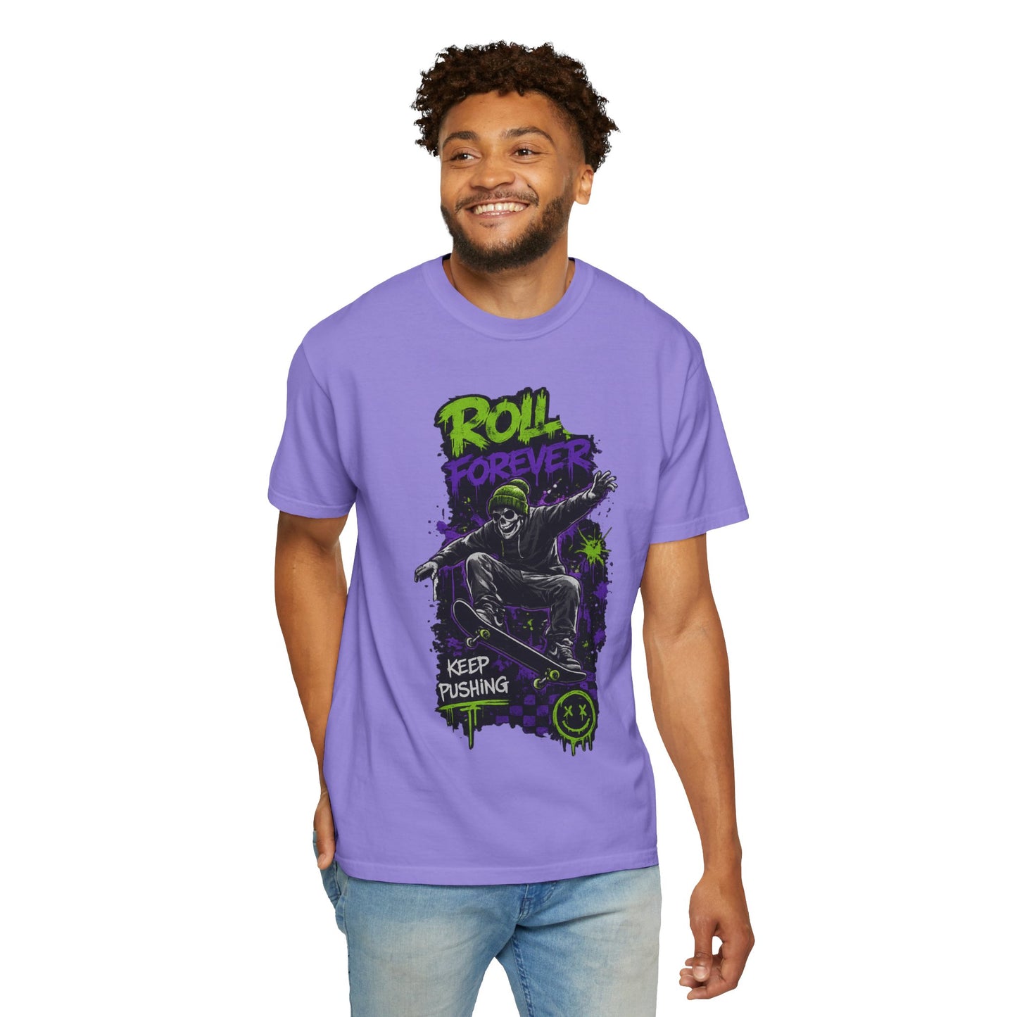 Skateboard T-Shirt — "Roll Forever / Keep Pushing" Graphic Tee