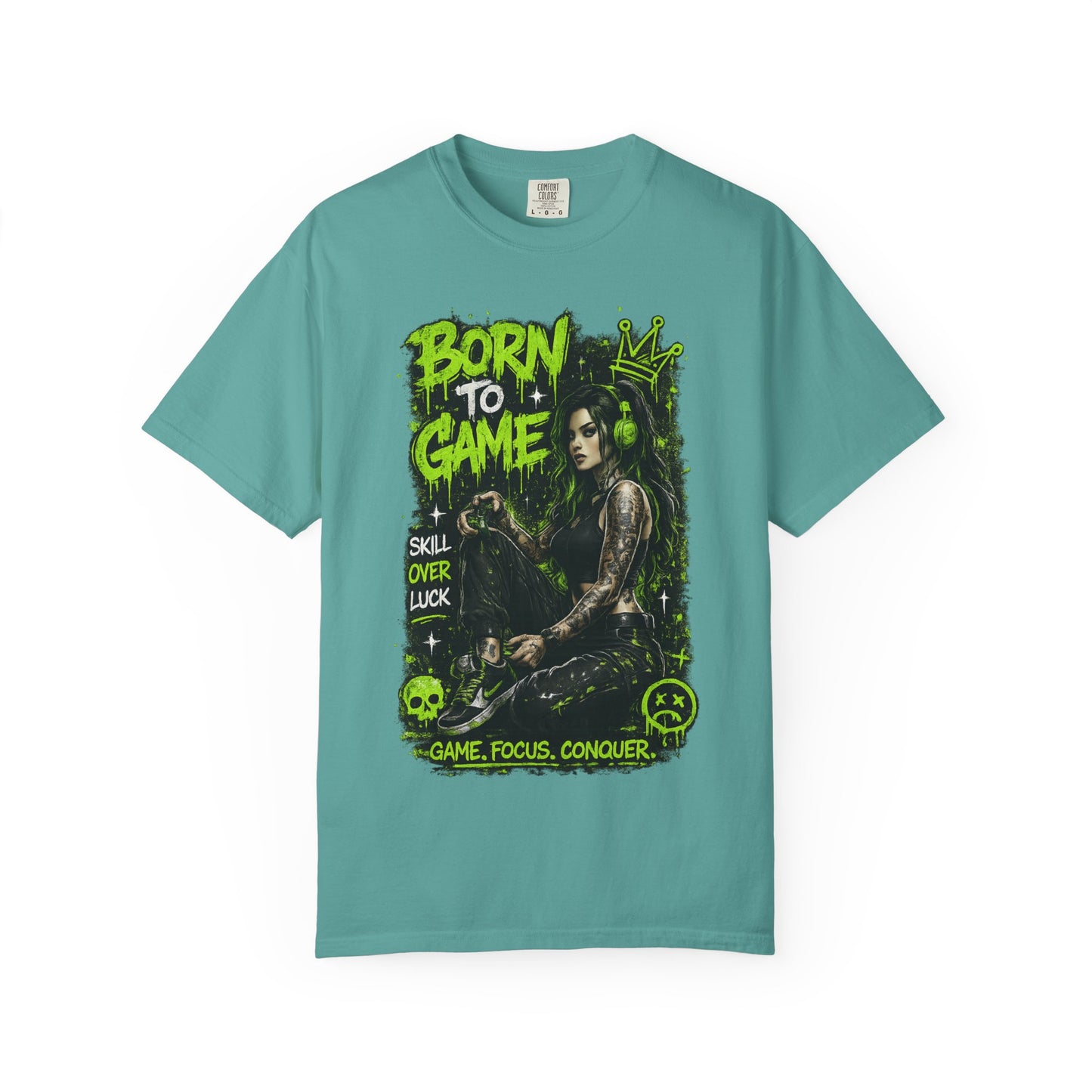 Born to Game Graphic T-Shirt — Gamer Skull & Neon Green Design