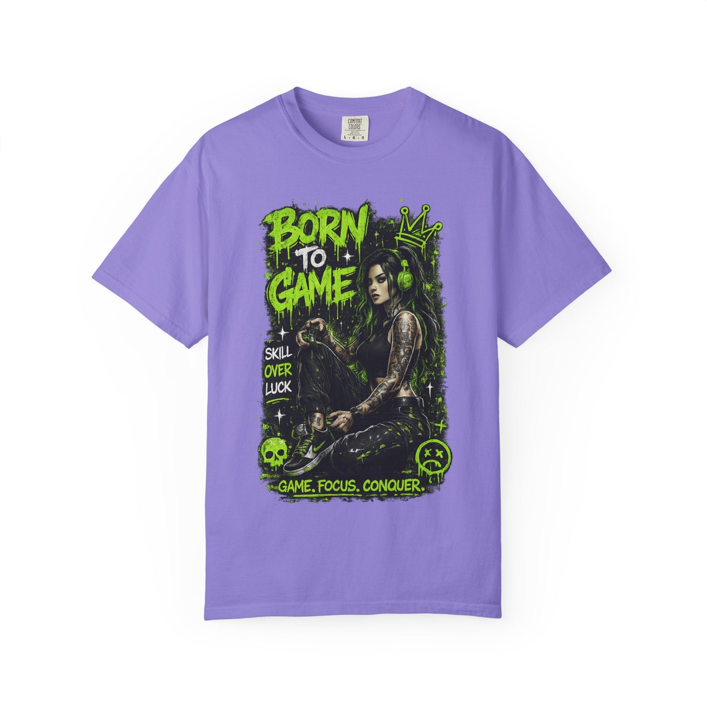 Born to Game Graphic T-Shirt — Gamer Skull & Neon Green Design