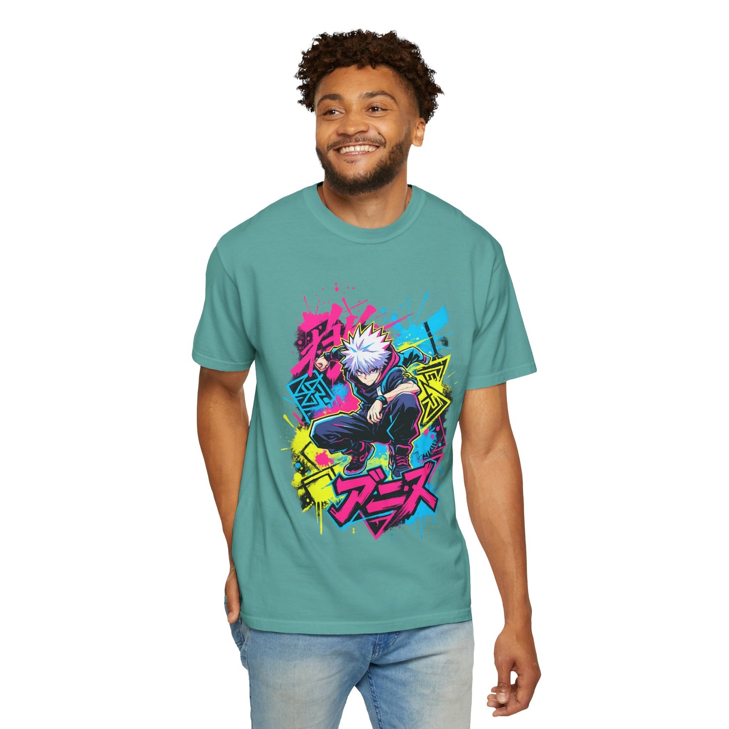 Anime Graphic T-Shirt — Vibrant Neon Jujutsu Kaisen Style Design