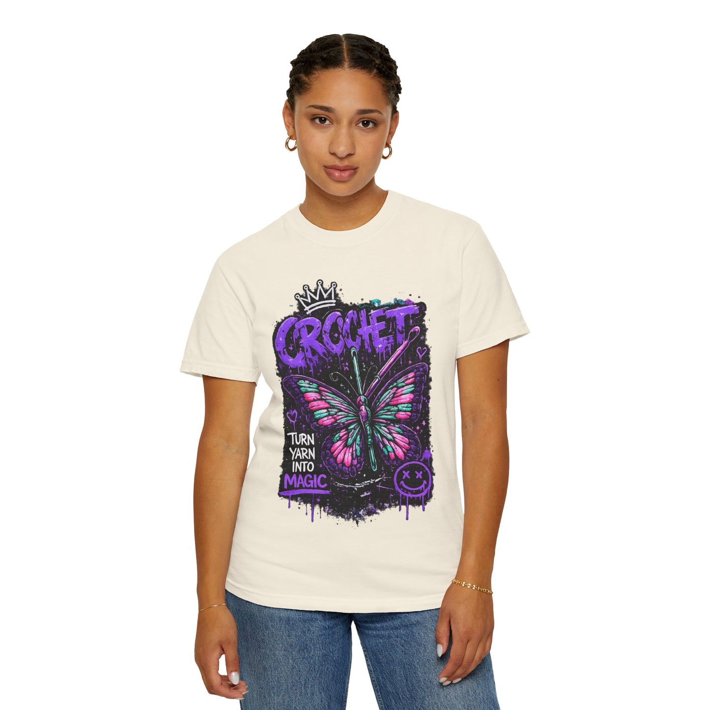 Crochet Butterfly T-Shirt — "Turn Yarn Into Magic" Graphic Tee