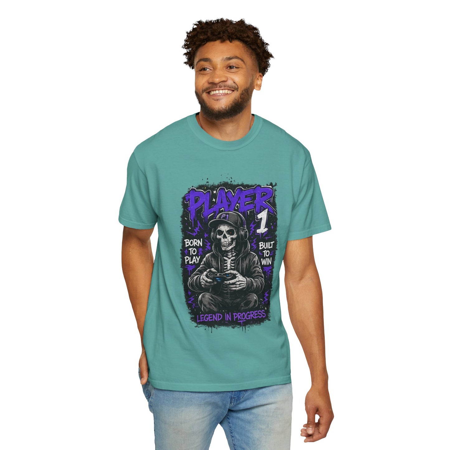 Grim Reaper Gamer Player 1 T-Shirt | Skull Skeleton Video Game Graphic