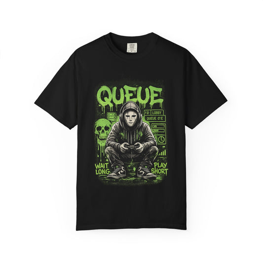 Queue Gamer Hoodie T-Shirt | Waiting Player Graphic Tee, Neon Green Skull Art