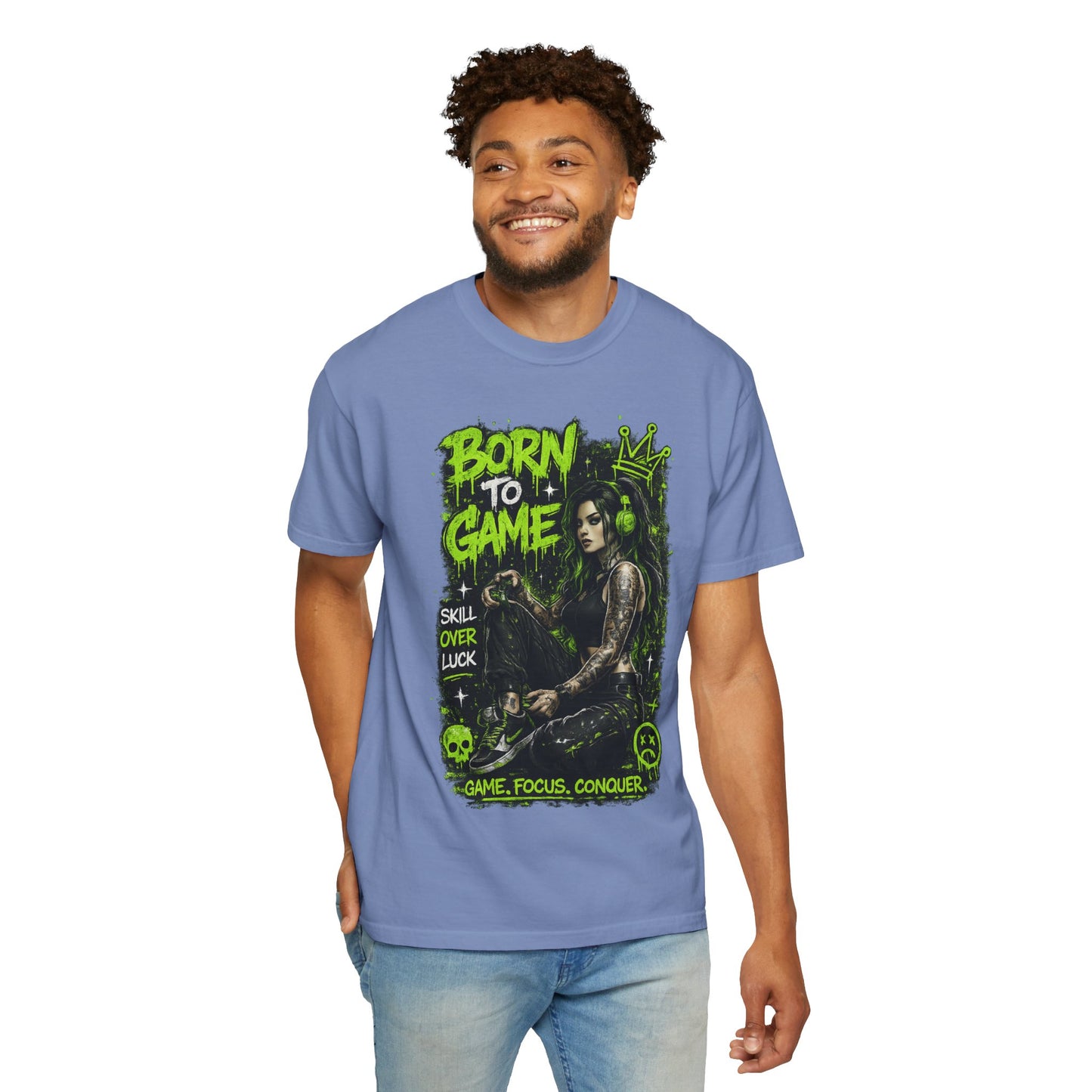 Born to Game Graphic T-Shirt — Gamer Skull & Neon Green Design