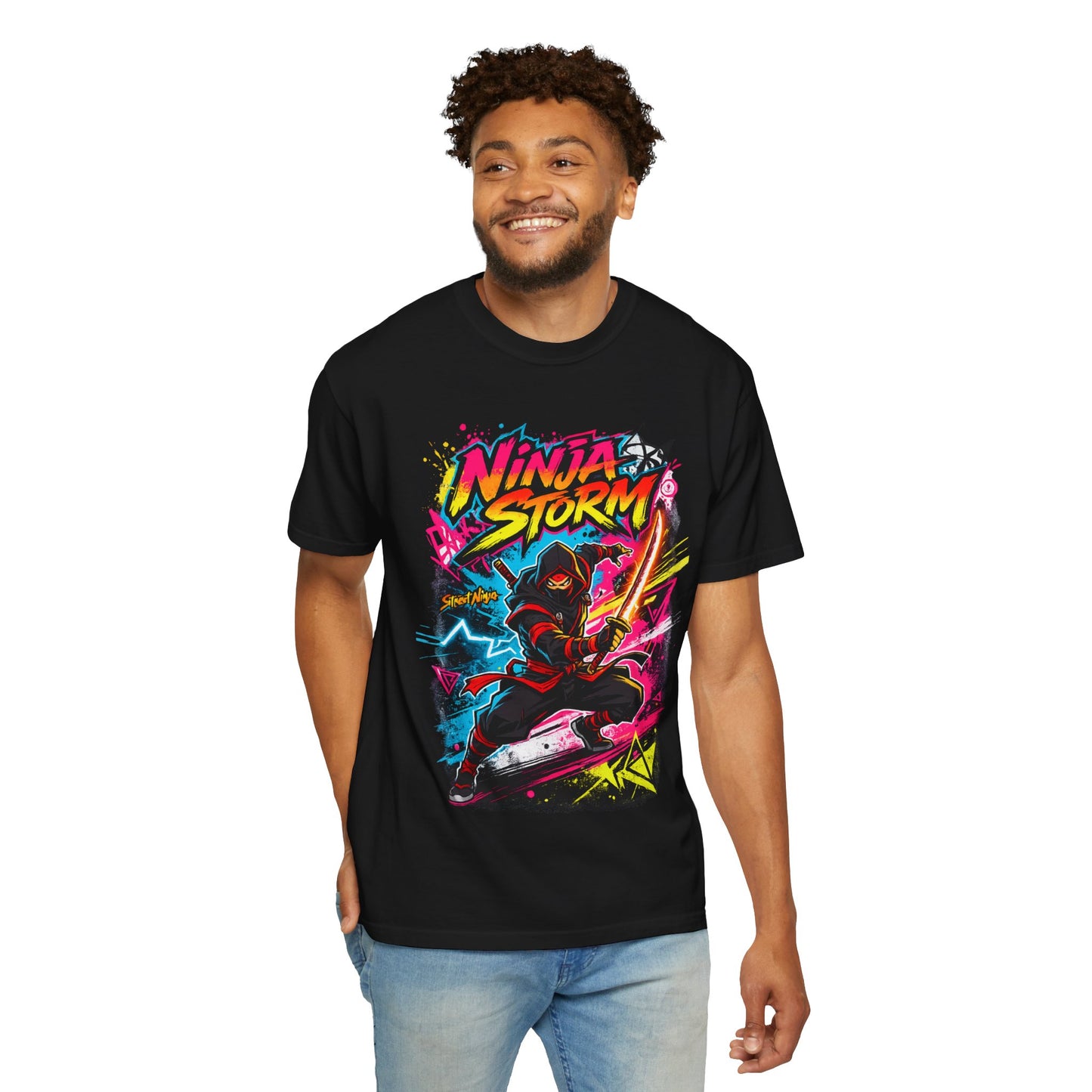 Ninja Storm Graphic T-Shirt — Neon Samurai Surf Design