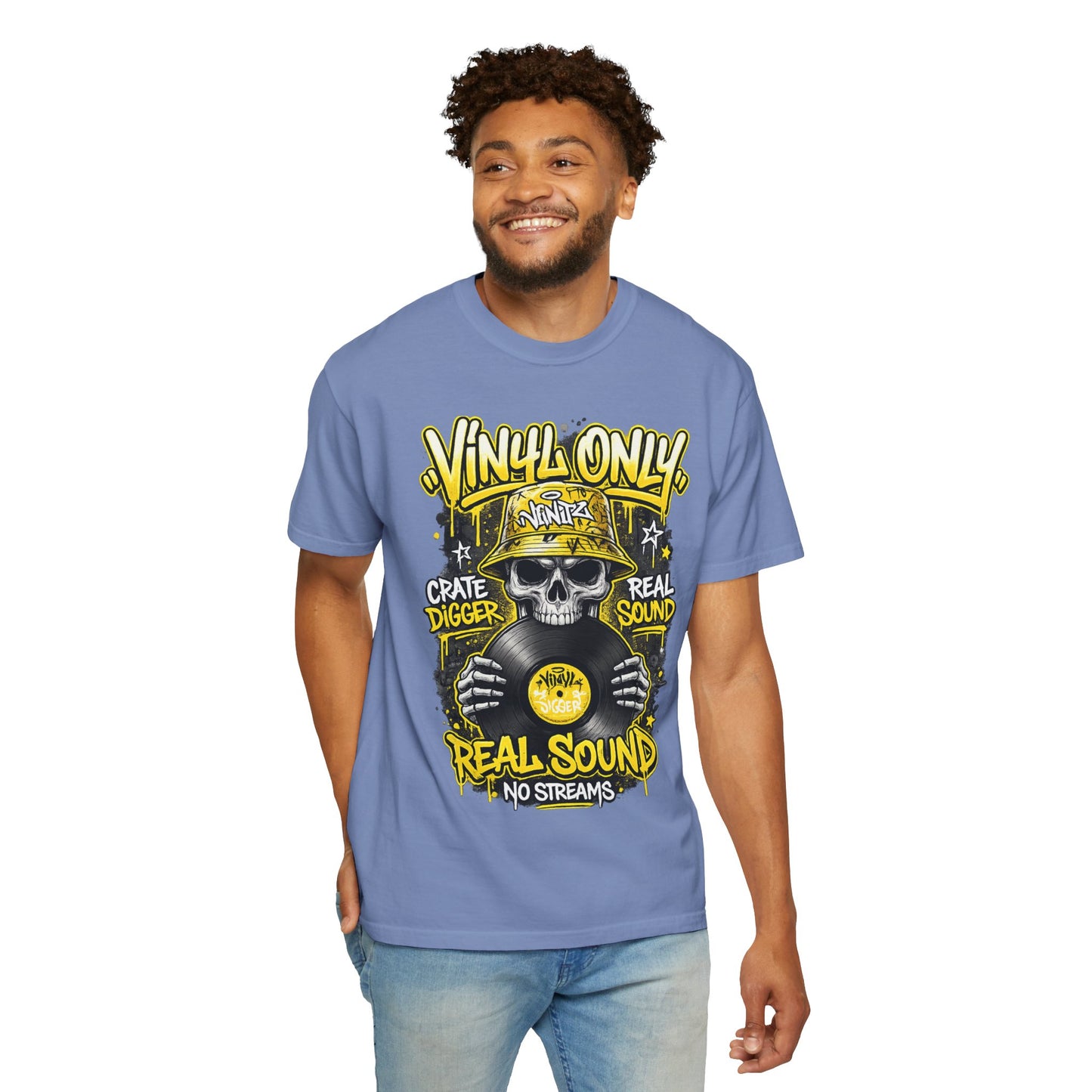 Vinyl Only Skull T-Shirt – "Real Sound, No Streams" Retro DJ Tee