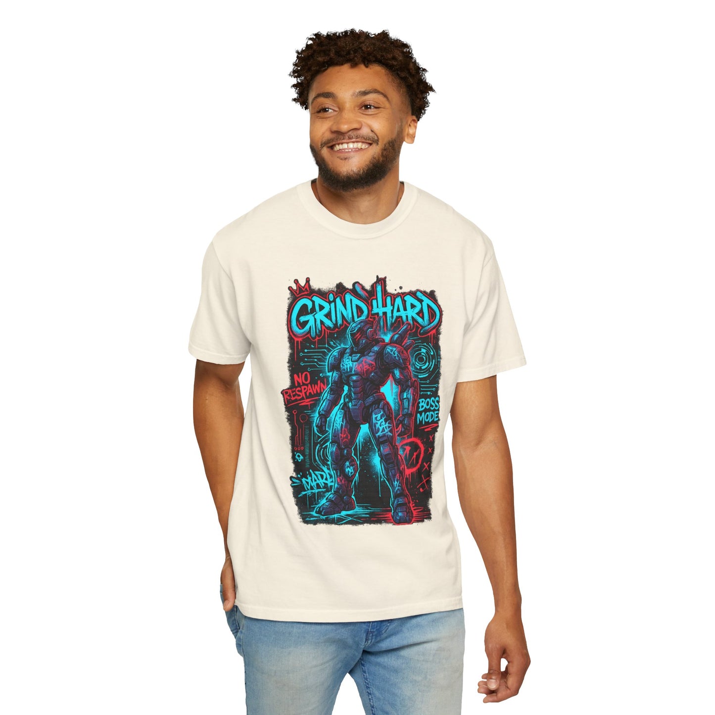 Grind Hard Gamer Warrior T-shirt | Neon Retro Gym Graphic