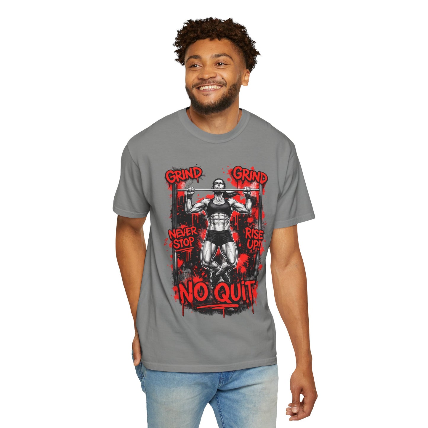No Quit Gym T-Shirt — 'Grind, Never Stop, Rise Up' Motivational Fitness Tee