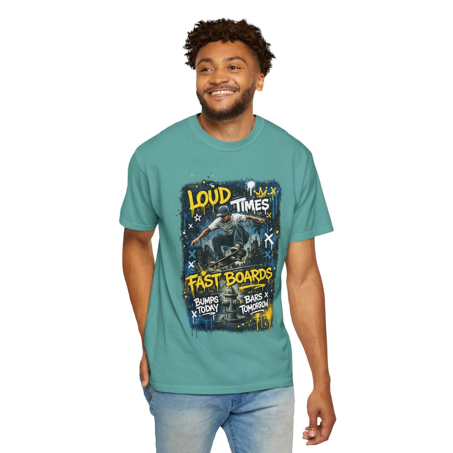 Skateboard Graphic T-Shirt — "Loud Times, Fast Boards" Vintage Skate Tee