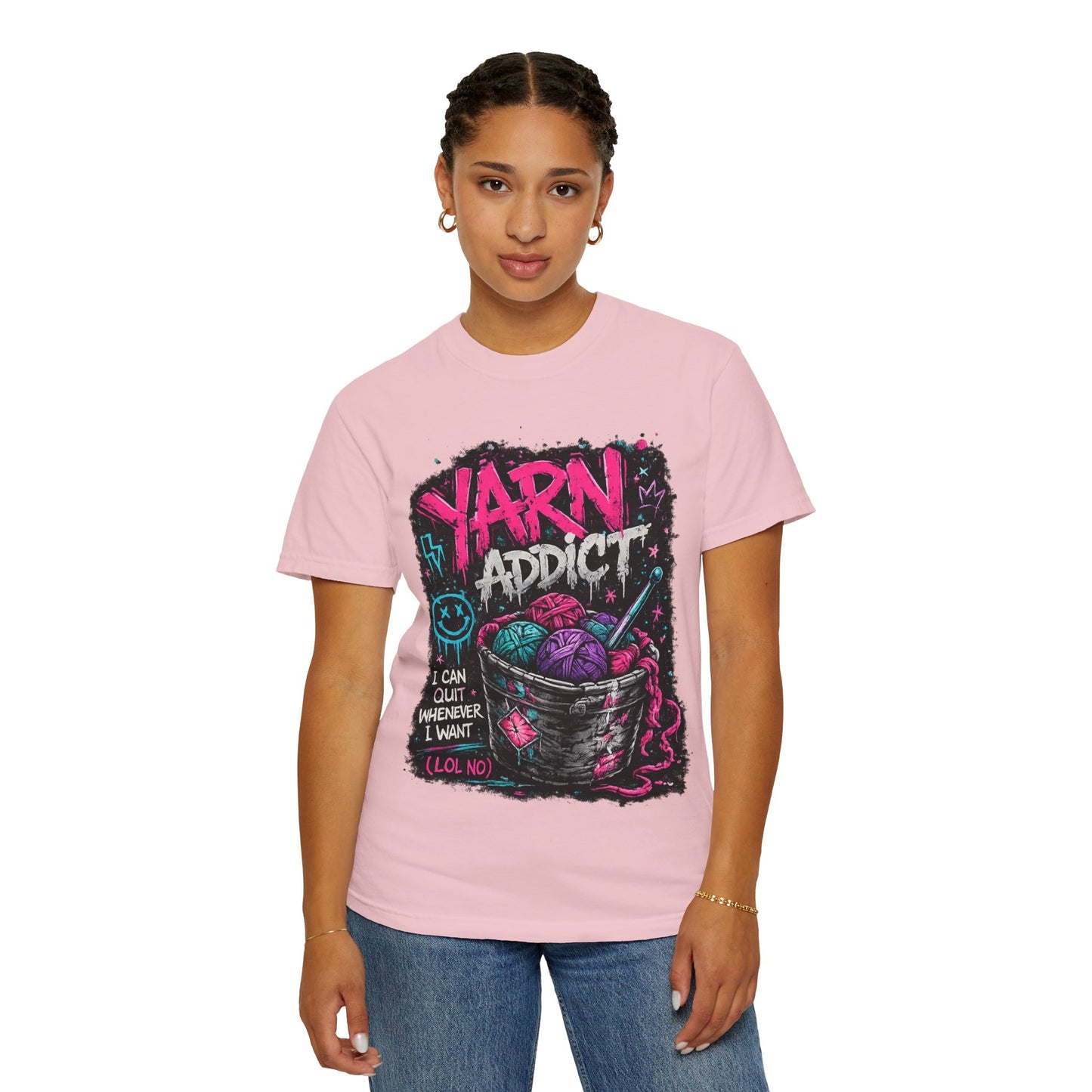 Yarn Addict T-Shirt — Funny Knitting/Crochet Graphic Tee ("I Can Quit Whenever I Want")