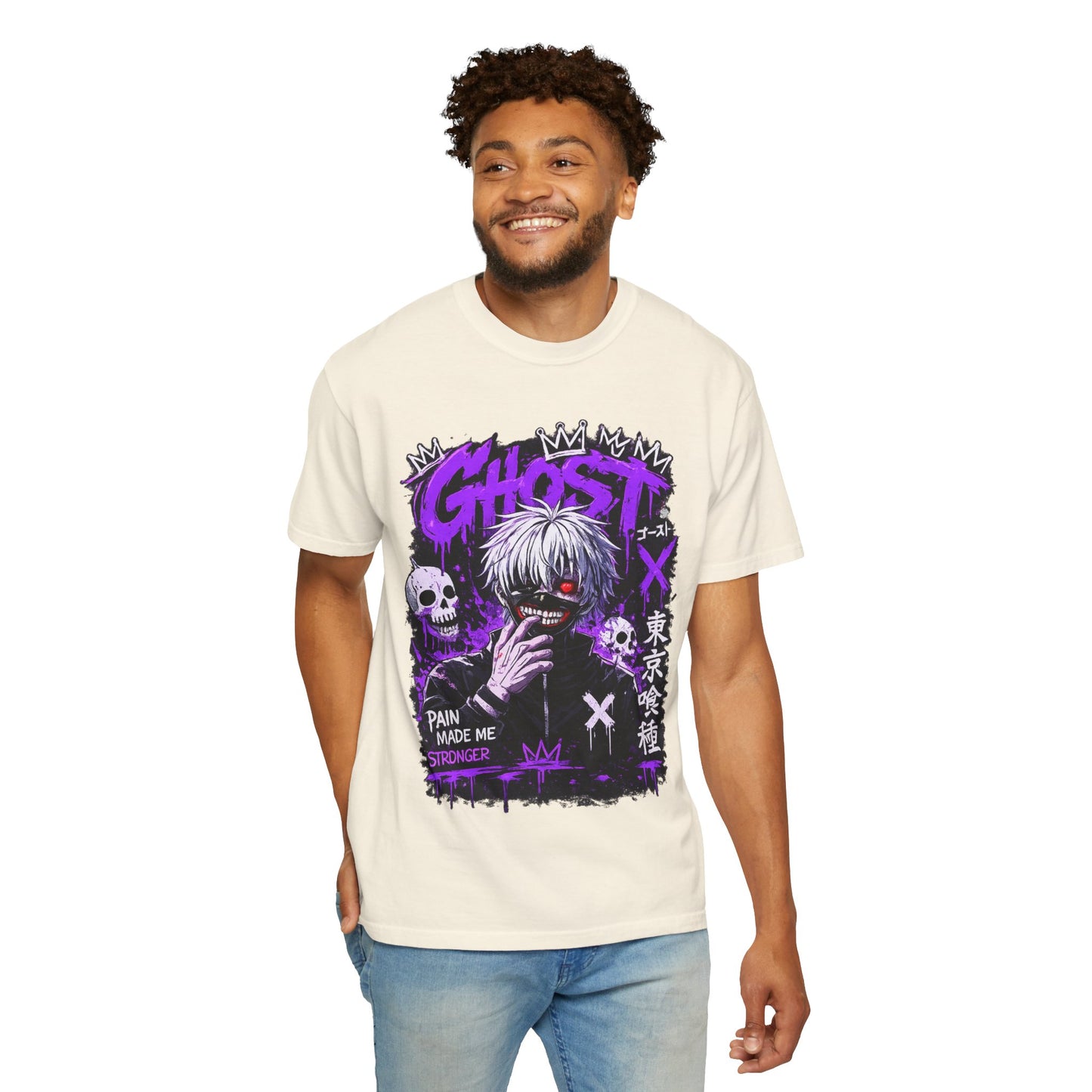 Ghost Anime T-Shirt — Tokyo Ghoul Style Graphic Tee ("Pain Made Me Stronger")