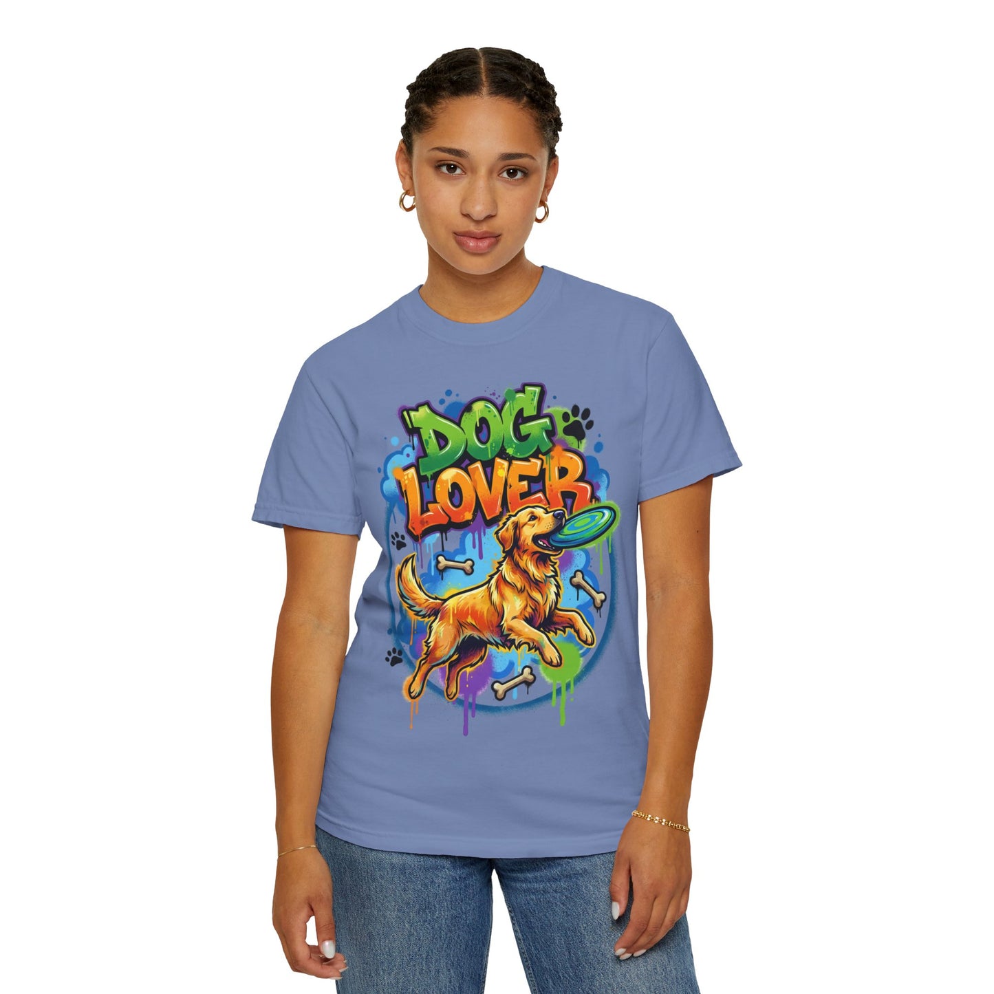 Dog Lover T-Shirt — Colorful Golden Retriever Frisbee Graphic Tee