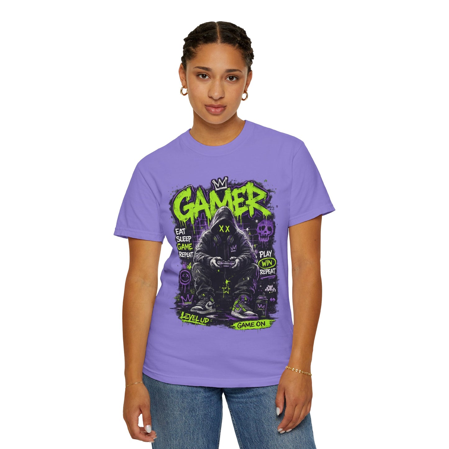 Gamer Hooded Figure Graphic T-Shirt | Neon Green Purple Streetwear